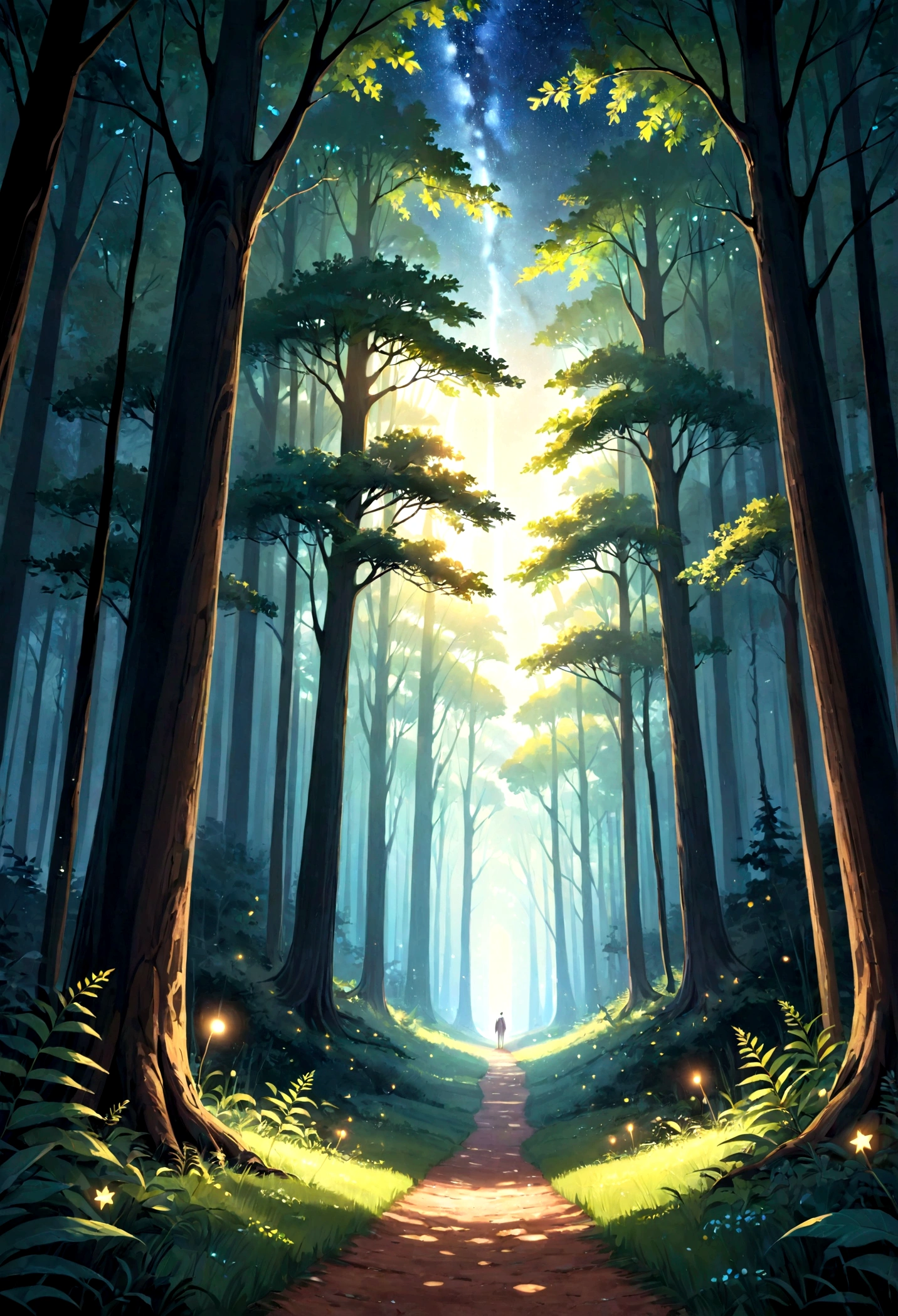 Create an image of a lush forest filled with tall, imposing trees. The leaves of these trees are luminous, emitting a soft, ethereal glow that lights the path through the forest. The night sky above is dotted with twinkling stars, adding an extra layer of magic to the scene. The overall atmosphere should be serene and peaceful, convidando o observador a se perder na beleza do momento.