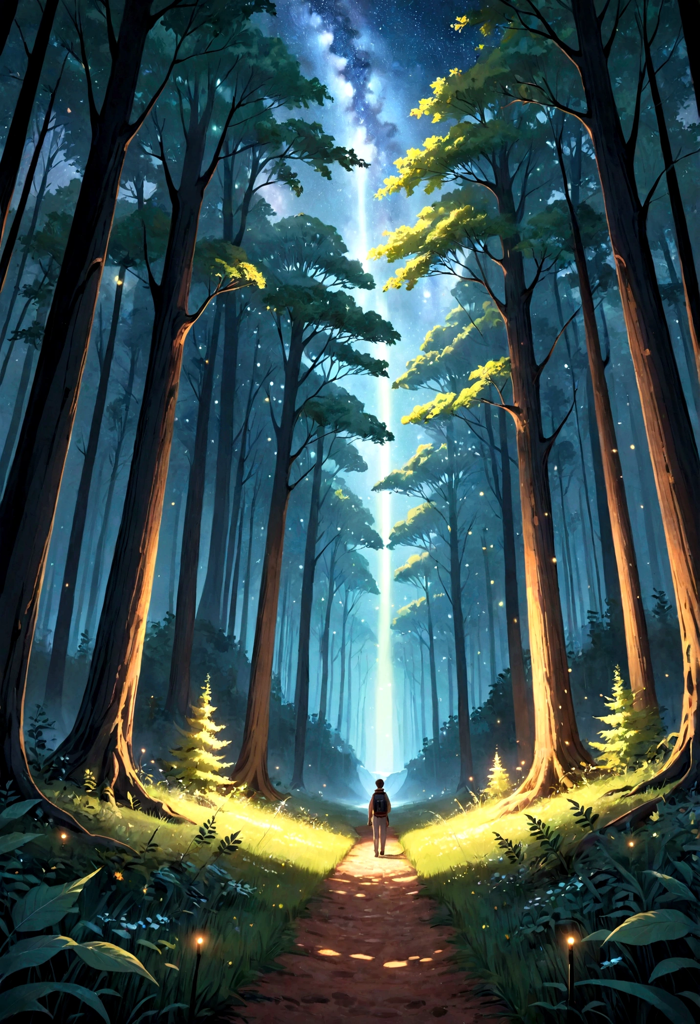 Create an image of a lush forest filled with tall, imposing trees. The leaves of these trees are luminous, emitting a soft, ethereal glow that lights the path through the forest. The night sky above is dotted with twinkling stars, adding an extra layer of magic to the scene. The overall atmosphere should be serene and peaceful, convidando o observador a se perder na beleza do momento.