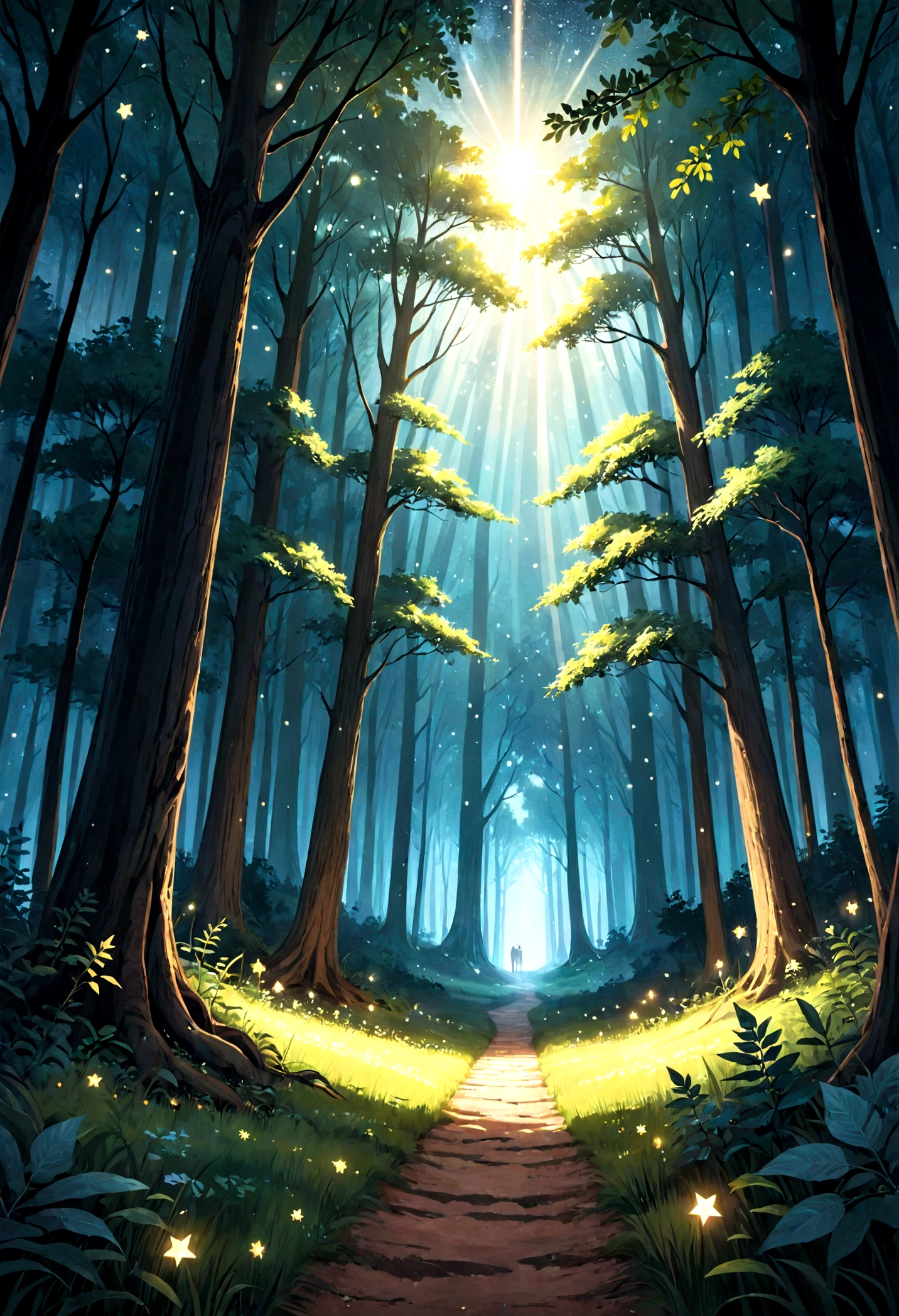 Create an image of a lush forest filled with tall, imposing trees. The leaves of these trees are luminous, emitting a soft, ethereal glow that lights the path through the forest. The night sky above is dotted with twinkling stars, adding an extra layer of magic to the scene. The overall atmosphere should be serene and peaceful, convidando o observador a se perder na beleza do momento.