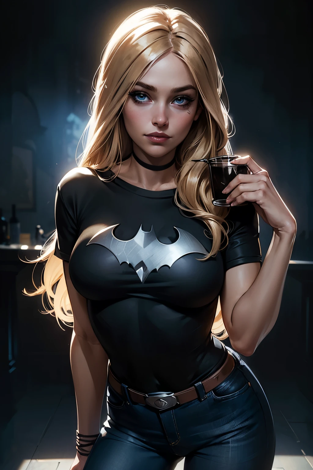 portrait of a dirty-blonde woman, blue eyes, wide face, full face, ((wide head)), narrow chin. long straight hair over one shoulder. dark blonde hair. (((cute face))). ((Eye liner)), heavy black eye liner. She wears a black batman t-shirt, blue jeans, sneakers. Show her standing by a dance floor holding a drink. Smiles.