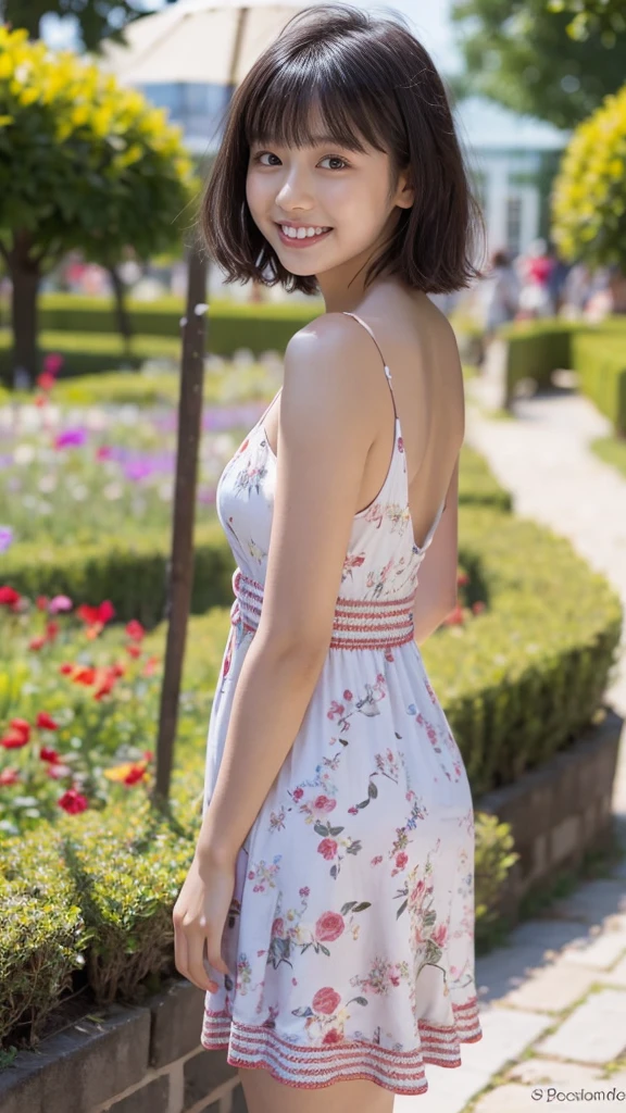 masterpiece, highest quality, disorganized, perfect anatomy, 1 girl, alone, pascal tales, short hair, beautiful, Hilarious, sunny day, botanical garden, Summer winds, sundress, Floral, wavy hair, smile