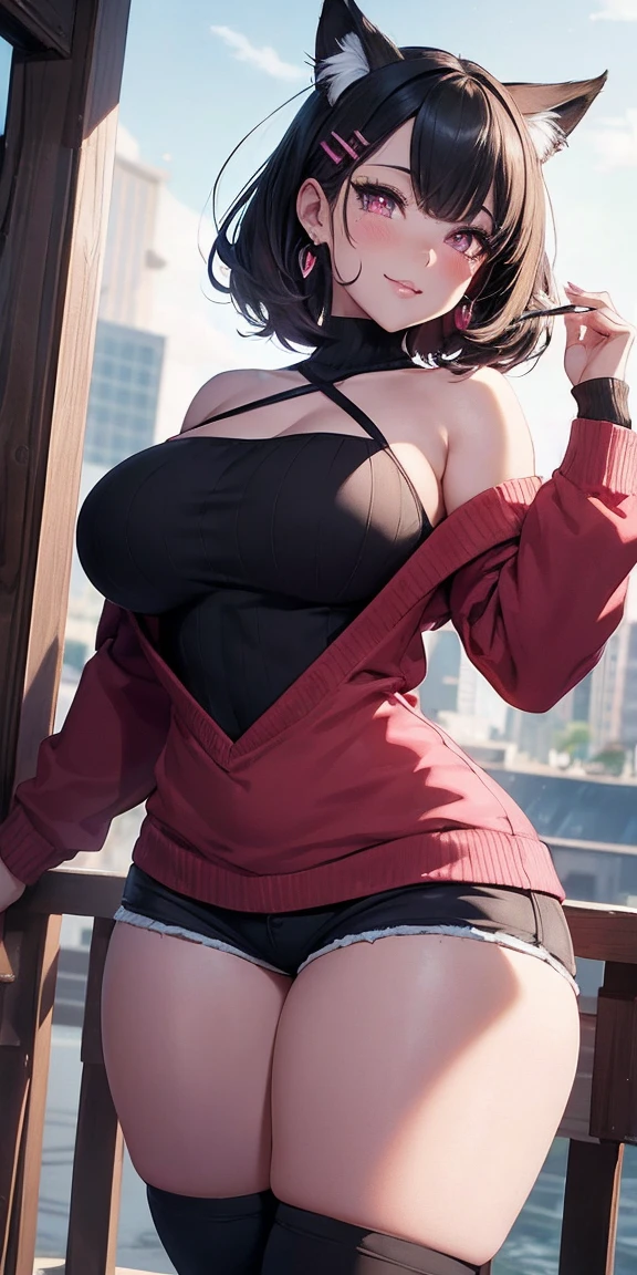 beautiful, breathtaking mature fox-woman, large, sagging breasts, light black hair with white streaks, pink eyes, earrings, (short shorts, superiority, naughty, thick thighs, off-shoulder sweater, long sleeves, with a sexy neckline: 1.1), (micro shorts: 1.1), black thigh high socks, ((masterpiece, best quality; 1.3)), ultra detailed, 8k unity wallpapers, CG, ray tracing, illustration, colorful, cinematic shadow, extremely detailed and beautiful background, vhd, VRay Shading, RT)), (slutty face: 1.2), mischievous smile, (large saggy breasts), wide hips, big ass, flirting with the viewer, facing the viewer, facial blush, standing in front, cute sexy pose, cowboy shot, on home porch, night, bright, bright light, ultra detailed, scenic, atmospheric, bimbo, big lips, detailed face and eyes, tilt headshot, intimacy, medium shot, thigh height, from below, gyaru, hair clip