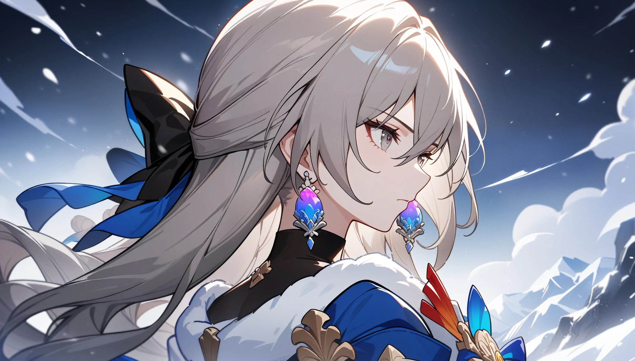 1girl, female focus, bronya, bronya rand, honkai star rail, masterpiece, best quality, extreme close up, side profile, back turned, detailed grey eyes, serious expression, blizzard, snowy mountains, absurdres, epic composition, centered, masterpiece, clean lineart, clean anime outlines, best quality, high quality, high details, super detail, anatomically correct, best quality, ultra-detailed, colorful, dynamic lighting, HD,