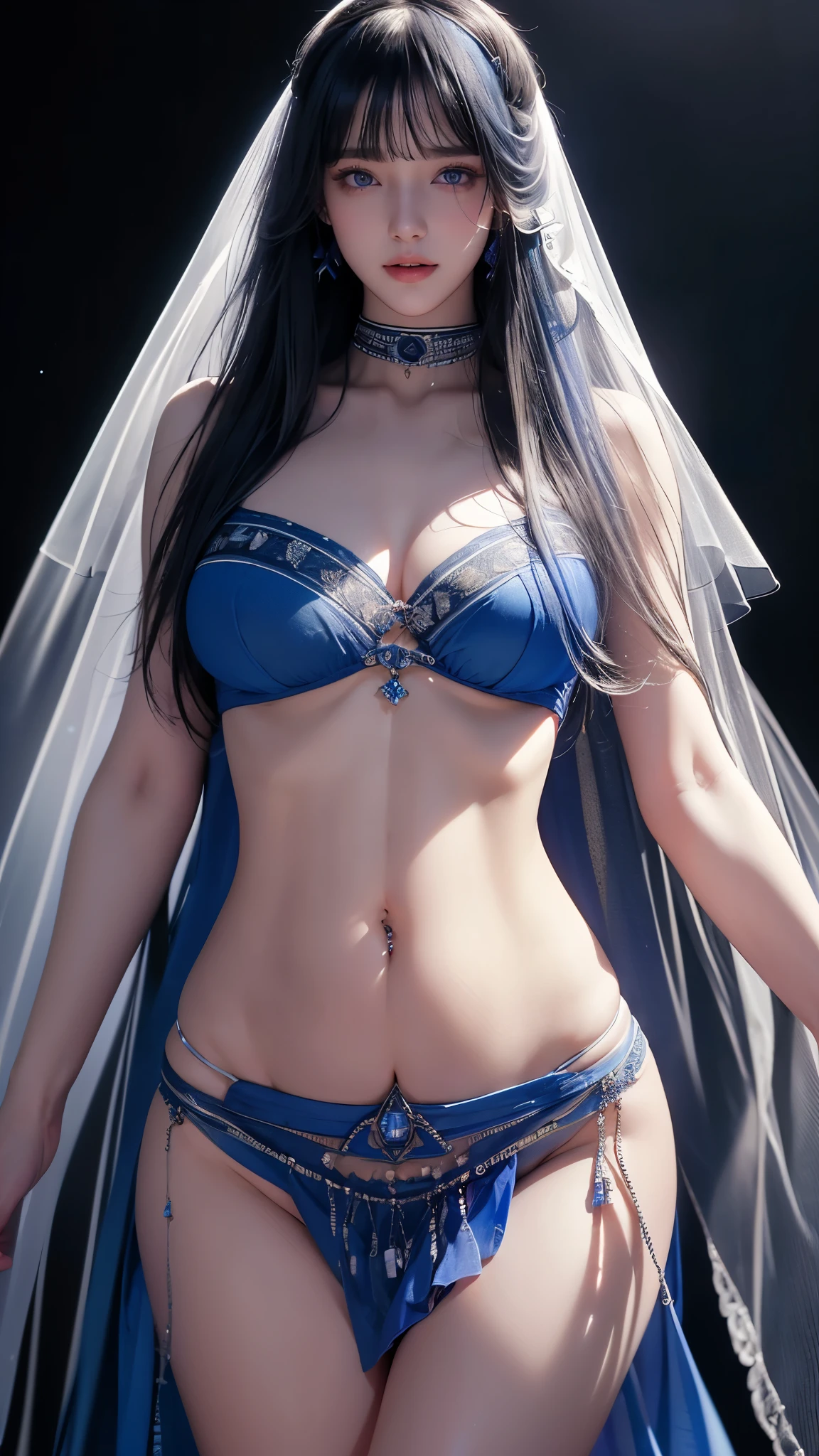 masterpiece, highest quality, Super detailed, Facing the camera, 複雑に詳細なSuper detailed, Realistic, Sharp features, Very detailed, Sharp focus, Perfect Face, Perfect symmetrical perfect eyes, Perfect Plump Lips, Flexible female form, Cinematic, Film Light, Super detailed, hyper Realistic, masterpiece, Atmospheric, High resolution, Vibrant, Dynamic Studio Lighting, ((Dark Background)), The expression when enduring pleasure, Straight bangs, blue eyes,Sexually aroused expression、(((She is completely naked and wearing a long veil))), (((Belly Piercing))),(((genitalpiercing)))