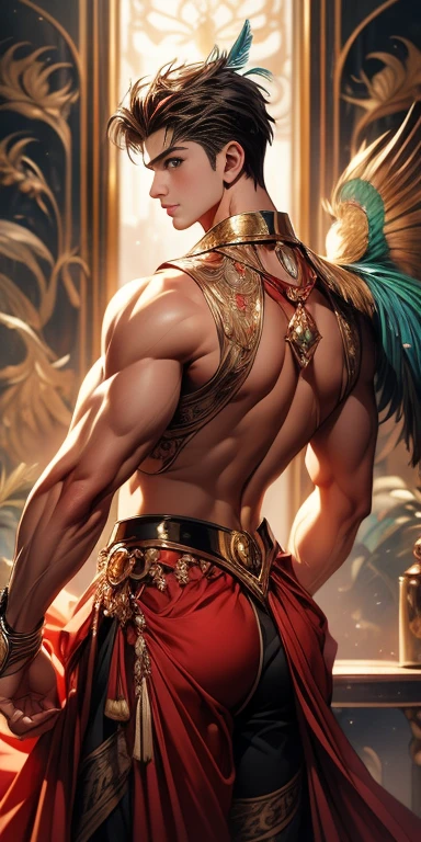 masterpiece, ((masterpiece)), Best quality, complex parts, perfect Whimsical, gentle, a little feminine face, detailed face, Highly detailed and fine figurine, ultra-realistic, detailed body, detailed pectoral muscles, ((Boy's focus)), detailed muscles, convex,  (((A handsome boy, ))), athletic build, ((ideal body)), aesthetically beautiful, erotically tempting, seducing, offering himself With a beautiful sexy tango panti With round perfect buttocks, Rear view from bottom to top muscular, sweaty after a workout, In a Venetian mask with peacock and bird of paradise feathers, In White, red and gold colors, diamond chips all over the body , Watercolor, in the style of Caravaggio 