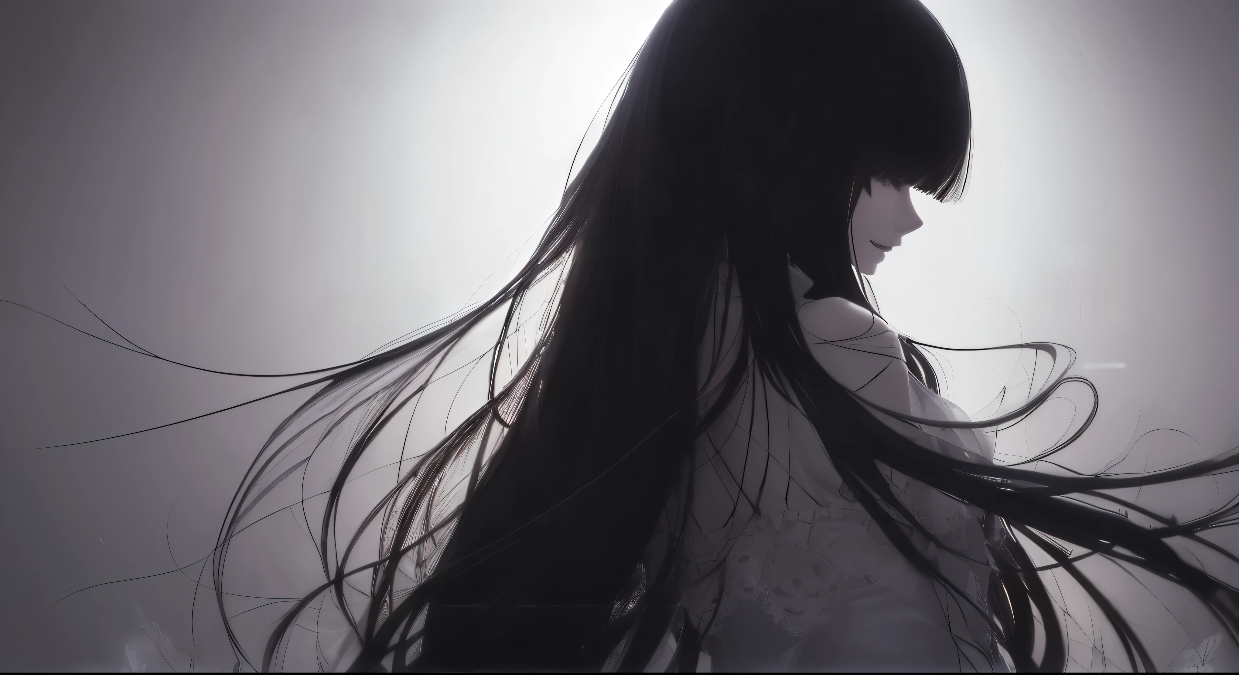(a very delicate and beautiful）、（Maniacal）、silhuette、laugh face、The human、Black、Offensive photo、solo、（silhuette）、（shadowy）、（With movement）、dark backgrounds、Black figure、（silhuette）、skinny  body、The long-haired、single body、1 persons、