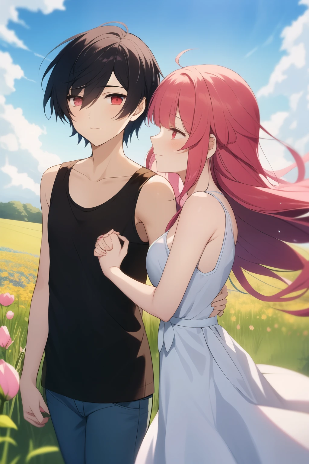 He has a dream about Maya where she's in a field of flowers and she holds her hand out toward Zea and she whispers his name, Zea looks emo with black ombre to red hair, a black tank top on and blue bellbottoms. Maya has a white short flowy dress and has hot pink very long hair. windy
