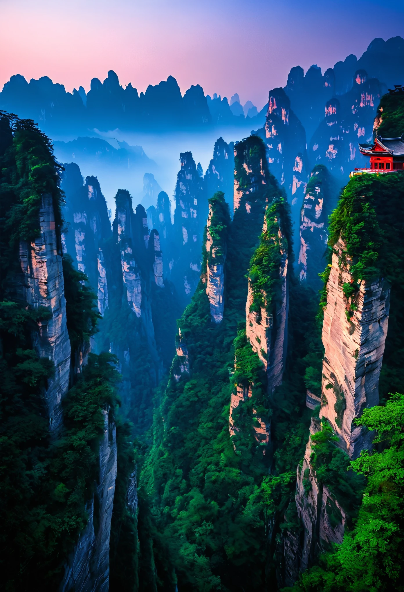 Mountains topped with a small red building, By Cheng Jiasui, Chinese landscape, By Yuan Jiang, Stunning landscape photo, Zhangjiajie early morning, By Liu Haisu, Written by Raymond Hahn, The mountains are breathtaking, By Chia Yong, Floating Mountains, Incredibly beautiful, By Ren Xiong, Zhangjiajie National Forest Park