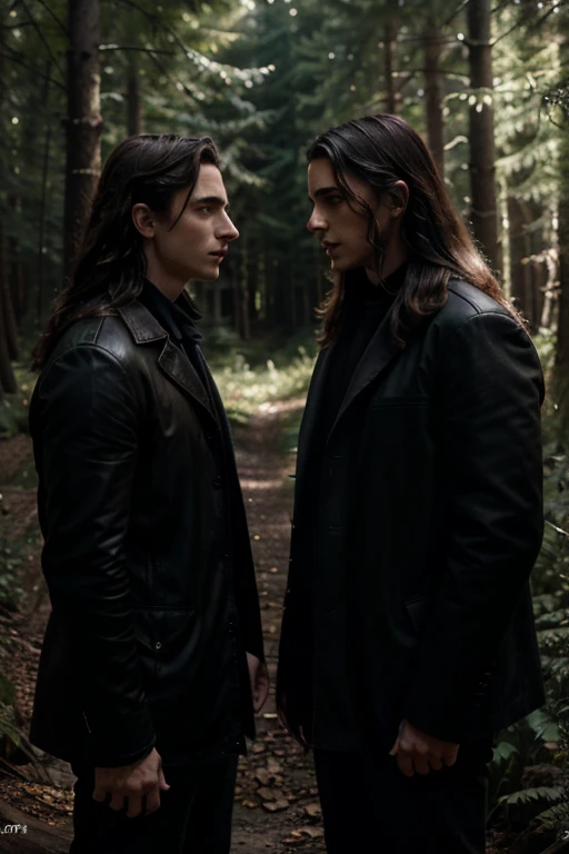 photorealistic portrait of 2 men conversing, the man has very light skin like a european, he is like Timothée Chalamet, has dark straight long hair, in a dark forest in the night, extremely detailed, 8k, hyperrealistic, masterpiece, cinematic lighting, dramatic shadows, realistic skin texture, high contrast, dark colors, award winning photograph