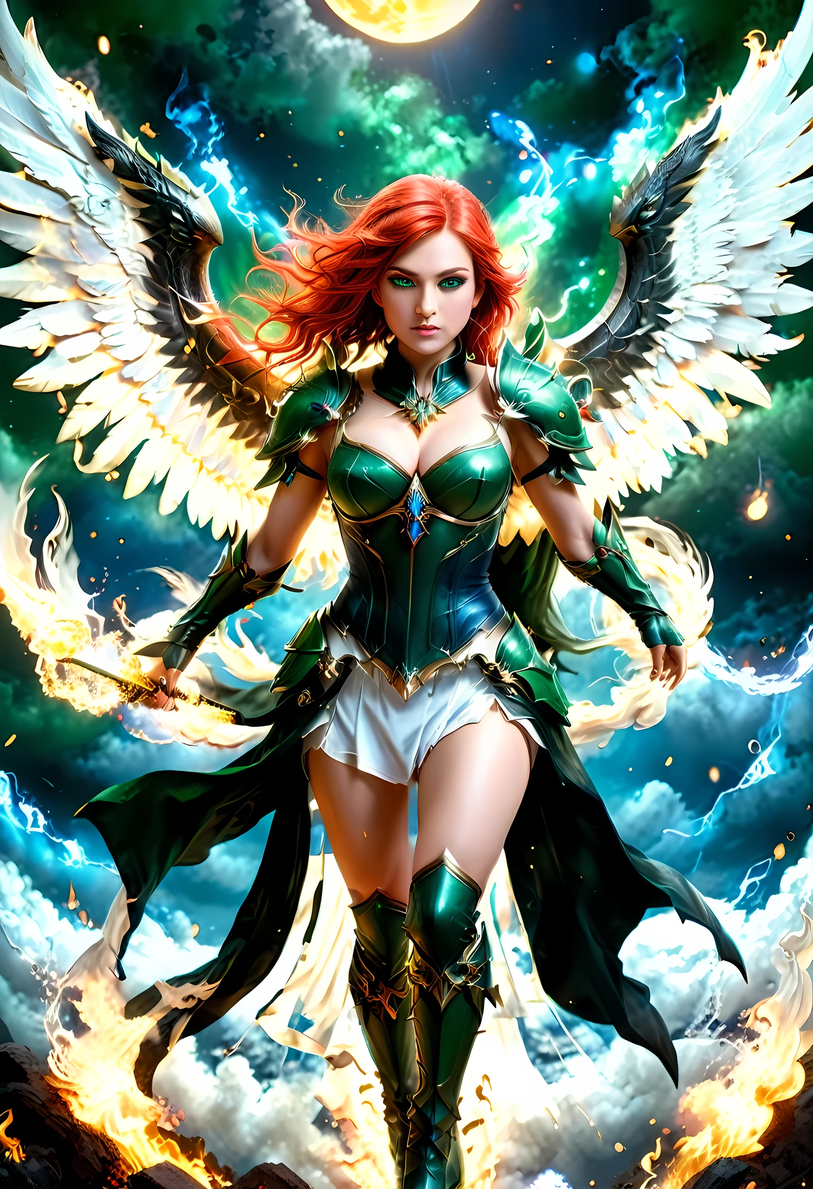 16k, ultra detailed, masterpiece, best quality, (extremely detailed), arafed, dnd art, panoramic view, full body, aasimar, female, (Masterpieceת intense details:1.3), female, sorceress, casting flaming spell(Masterpieceת intense details:1.3) large feathered wings,(white: 1.3) angelic wings spread (Masterpieceת intense details:1.3), fantasy magical heaven background (Masterpieceת intense details:1.3), moon, stars, clouds, wearing (azure: 1.3) armor (Masterpieceת intense details:1.3), high heeled boots (Masterpieceת intense details:1.3), armed with staff, (red hair: 1.4), (green eyes: 1.4), intense eyes, ultra feminine, ultra detailed face, (Masterpieceת intense details:1.5), (anatomically correct: 1.5), determined face, divine light, cinematic lighting, soft light, silhouette, photorealism, panoramic view ((Masterpieceת intense details:1.3) , Wide-Angle, Ultra-Wide Angle, 16k, highres, best quality, faize, 2.5D rendering, angel