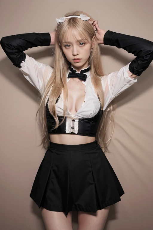 Girls, blond, Long hair, beautiful eyes, Small ???????, cat hair accessories, Side lock, blond, shiny hair, , (Smart eyes: 1.2), (There are two long triangular cutouts on the skirt, Showing off your abdominal muscles), White buttons for vest corset, (Wear a short-sleeved striped shirt under the vest), (The sleeves end close to the arms), (There is a black collar around the neck), ( miniskirt),Slender long legs，Show your thighs