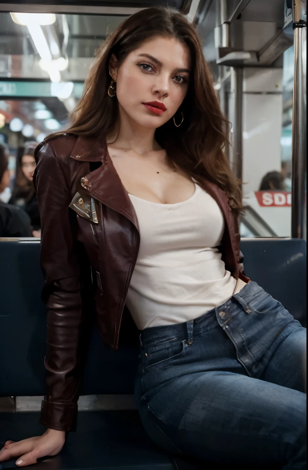 Jessica De Gouw 25 years old, beautiful, wonderful, sitting cross-legged, on the subway in Paris, alone, 1 girl, real, very high resolution, 8k, elegant jeans, luxury, fabulous body, top, blouse, red lipstick, sensual, sexy, earrings, black leather jacket