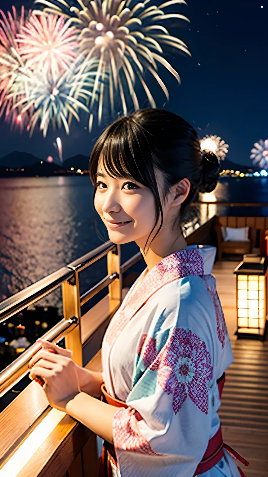 Japanese、Age 25、younger sister、Randomly generated people with diverse facial features and hairstyles々、Perfect Anatomy,Ocean、Balcony、firework、Night Sky、打ち上げfirework、yukata