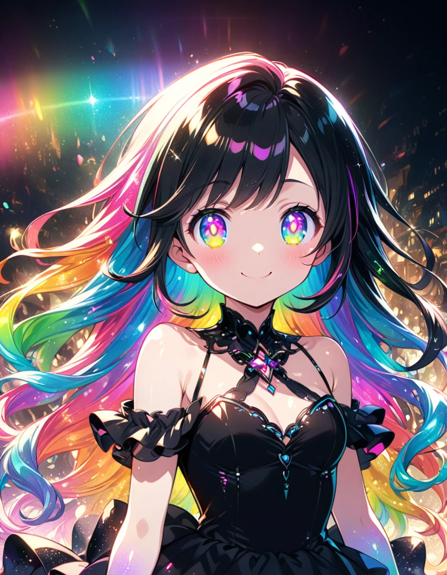 A girl with long rainbow hair, glowing rainbow eyes and an adorable smile wearing black dress, detailed anime style, fantasy illustration art, shiny glossy colorful lighting, glittery skin, glowing neon color palette, cute face --ar 3:4 --niji 6