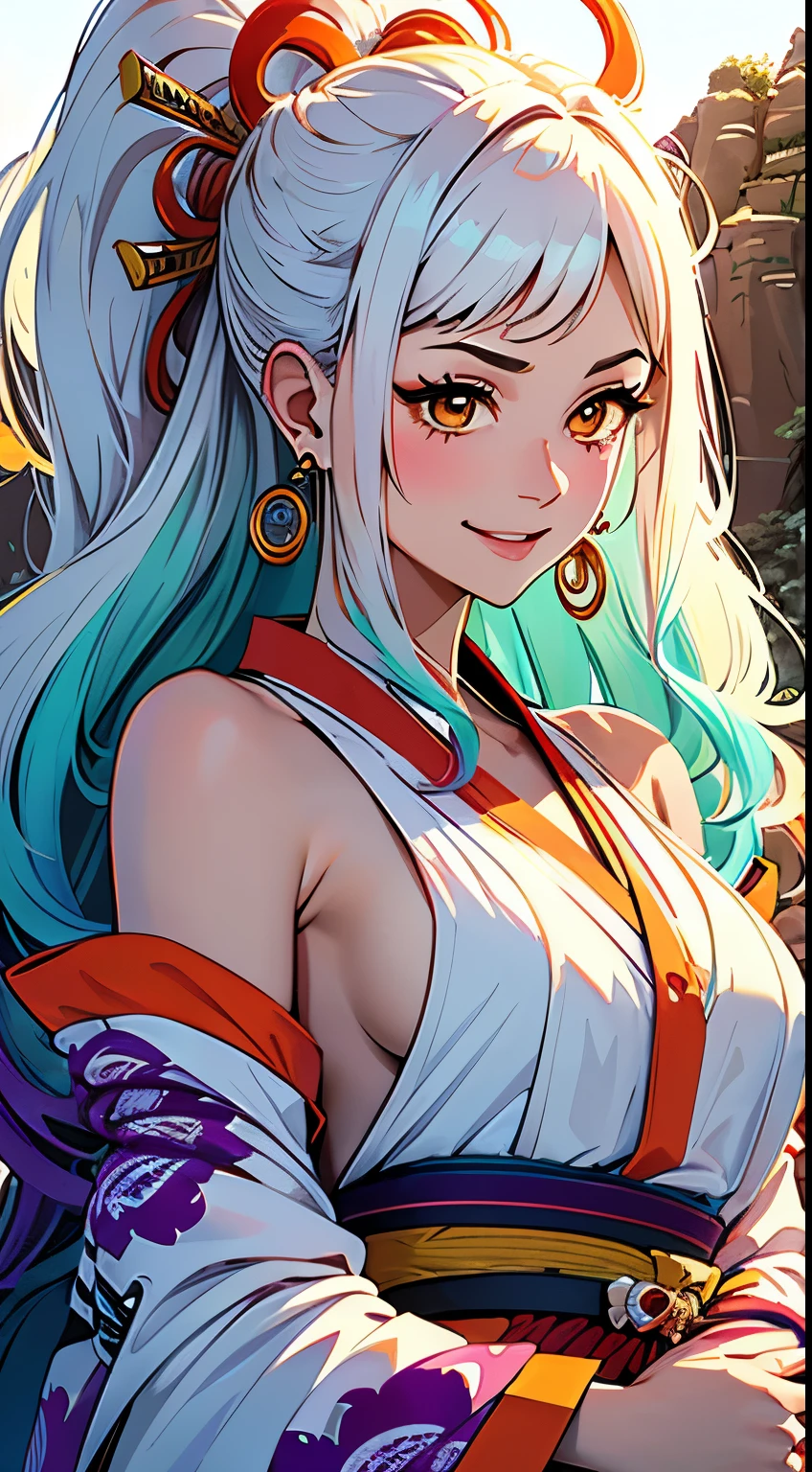 masterpiece, ((Very detailed背景, Delicate pattern, Intricate high detail)), (Very detailed, Fine details), highest quality,Beautiful lighting, (((Medium chest, Skinny girl, とてもSkinny girl))), (Cowboy gets shot), Yamato V2, Long Hair, One girl, Banya, White Hair, only, their, Red Corner, Coil horn, hair ornaments, (multicoloRed Corner), gem, Earrings, kimono, Komono, Hairpin, No sleeve, Exposing shoulders, Aqua Hair, Side Lock, フープEarrings, In the same way, smile, Big smile, ((Orange eyes)), Complex and detailed background, outside, Set in nature, rock, sunny, 青null, null,