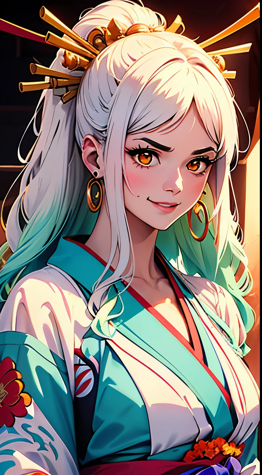 masterpiece, ((Very detailed背景, Delicate pattern, Intricate high detail)), (Very detailed, Fine details), highest quality,Beautiful lighting, (((Medium chest, Skinny girl, とてもSkinny girl))), (Cowboy gets shot),  Yamato V2, Long Hair, One girl, Banya, White Hair, only, their, Red Corner, Coil horn, hair ornaments, (multicoloRed Corner), gem, Earrings, kimono, Komono, Hairpin, No sleeve, Exposing shoulders, Aqua Hair, Side Lock, フープEarrings, In the same way, smile, Big smile, ((Orange eyes)), Complex and detailed background, outside, Set in nature, rock, sunny, 青null, null,