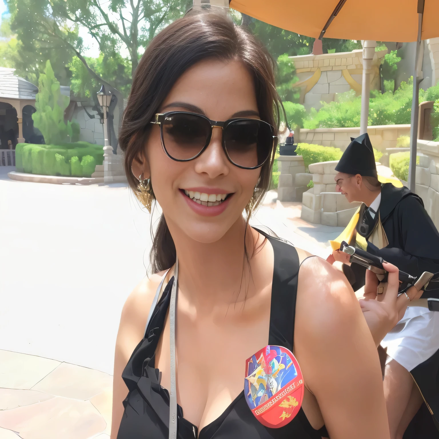 smiling woman in sunglasses with a pin on her chest, Disney artist, having fun, smiling slightly, smiling very slightly, profile picture, magic of the wizarding world, magic kingdom inside a castle at Disney World's Magic Kingdom at Walt Disney World .
A beautiful woman, with white skin and dark brown hair. She is about 45 years old, 165 cm tall and weighs 56 kg. She had modeled legs, perfect legs, toned legs, perfect mouth, medium breasts, perfect face. Her body exudes glamor and her face is a definition of beauty. Slender body, thin waist. Highly realistic, hyperrealism, very elaborate skin. Clear photo, high resolution, high quality, masterpiece, 16K photo, high contrast, masterpiece