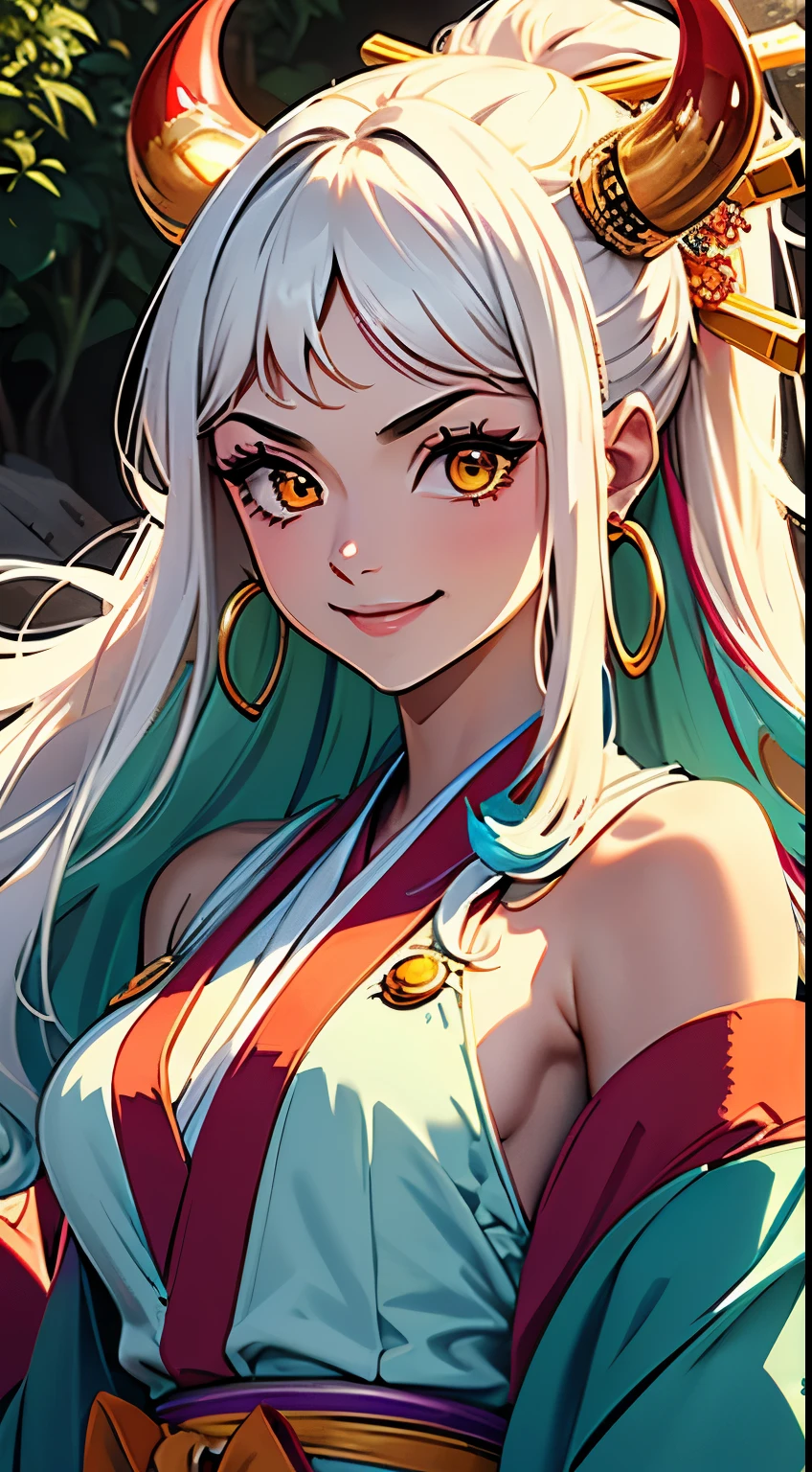 masterpiece, ((Very detailed背景, Delicate pattern, Intricate high detail)), (Very detailed, Fine details), highest quality,Beautiful lighting, (((Medium chest, Skinny girl, とてもSkinny girl))), (Cowboy gets shot), Yamato V2, Long Hair, One girl, Banya, White Hair, only, their, Red Corner, Coil horn, hair ornaments, (multicoloRed Corner), gem, Earrings, kimono, Komono, Hairpin, No sleeve, Exposing shoulders, Aqua Hair, Side Lock, フープEarrings, In the same way, smile, Big smile, ((Orange eyes)), Complex and detailed background, outside, Set in nature, rock, sunny, 青null, null,