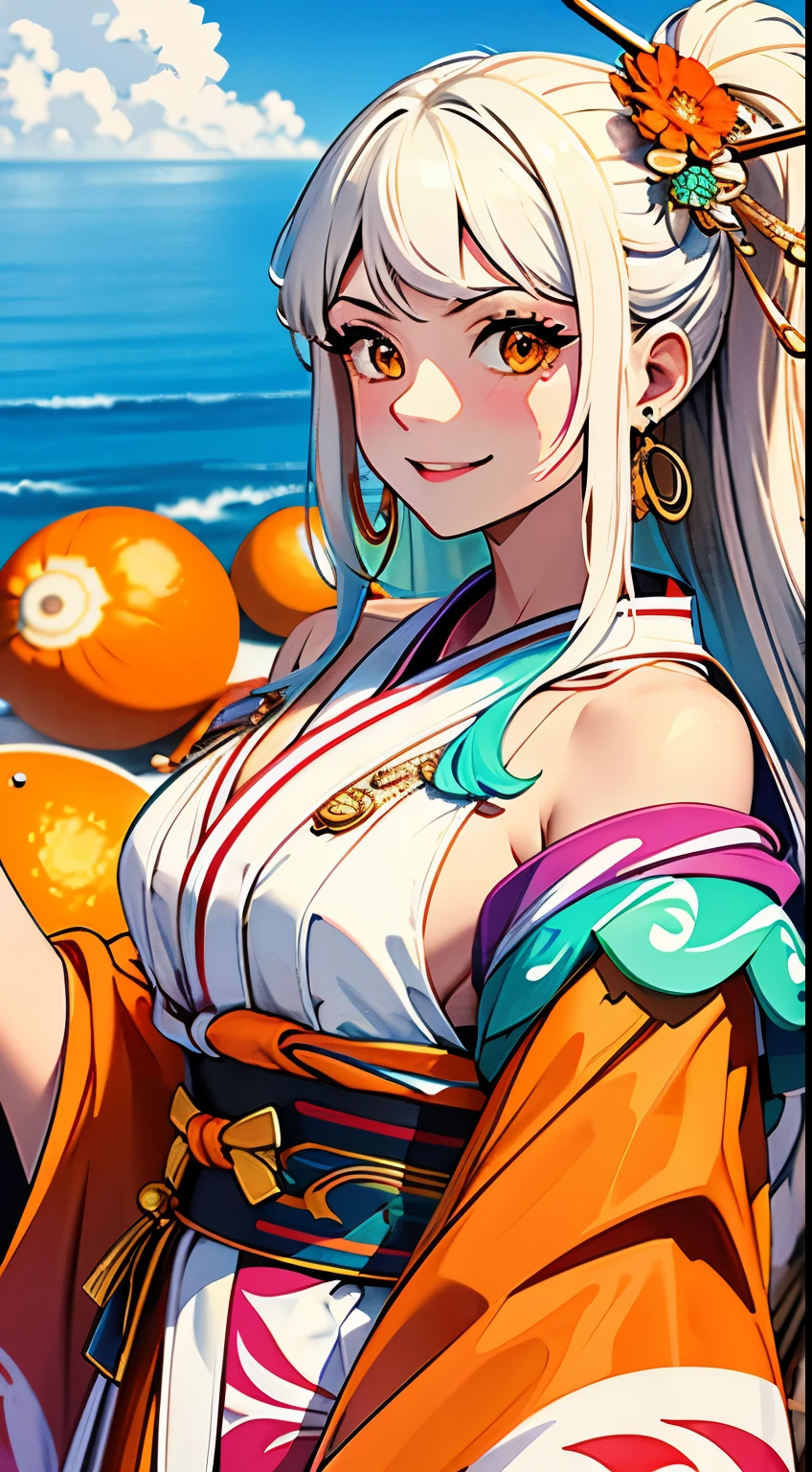 masterpiece, ((Very detailed背景, Delicate pattern, Intricate high detail)), (Very detailed, Fine details), highest quality,Beautiful lighting, (((Medium chest, Skinny girl, とてもSkinny girl))), (Cowboy gets shot), Yamato V2, Long Hair, One girl, Banya, White Hair, only, their, Red Corner, Coil horn, hair ornaments, (multicoloRed Corner), gem, Earrings, kimono, Komono, Hairpin, No sleeve, Exposing shoulders, Aqua Hair, Side Lock, フープEarrings, In the same way, smile, Big smile, ((Orange eyes)), Complex and detailed background, outside, Set in nature, rock, sunny, 青null, null,