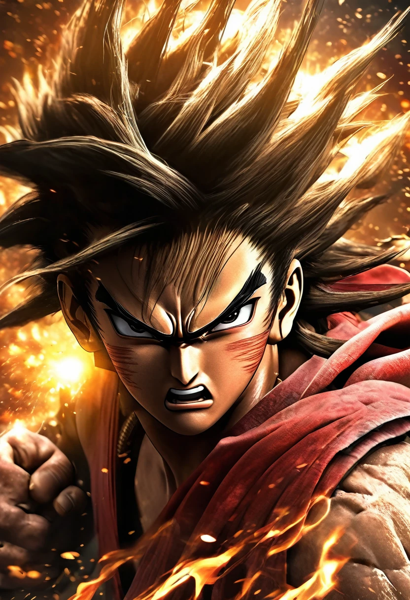 The God of Martial arts, late 20's, battle scars, powerful, terrifying destructive power, Masterpiece CG, ultrarealistic skin texture, raw photo, realistic anime style, in the style of Masashi Kishimoto and Akira toriyama 
