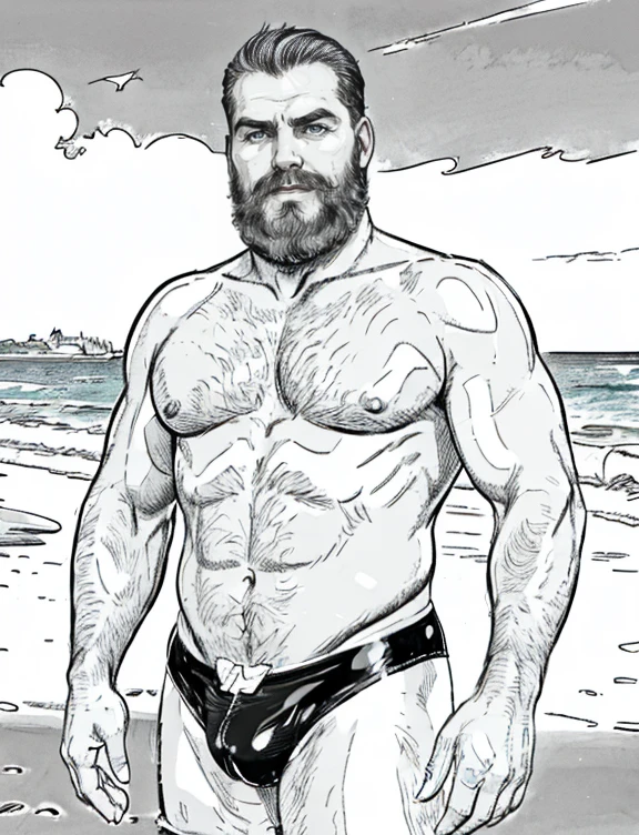 (handsome mature man), (50 yo), white man, wearing a speedo, wet speedo, wet dripping ??????, bulge, (beefy:1.3), beard, looking at viewer, beautiful man, detailed eyes, symmetric face, smirk, robust, greying hair, on a beach at sundown, ?????? in focus, nice bulge,