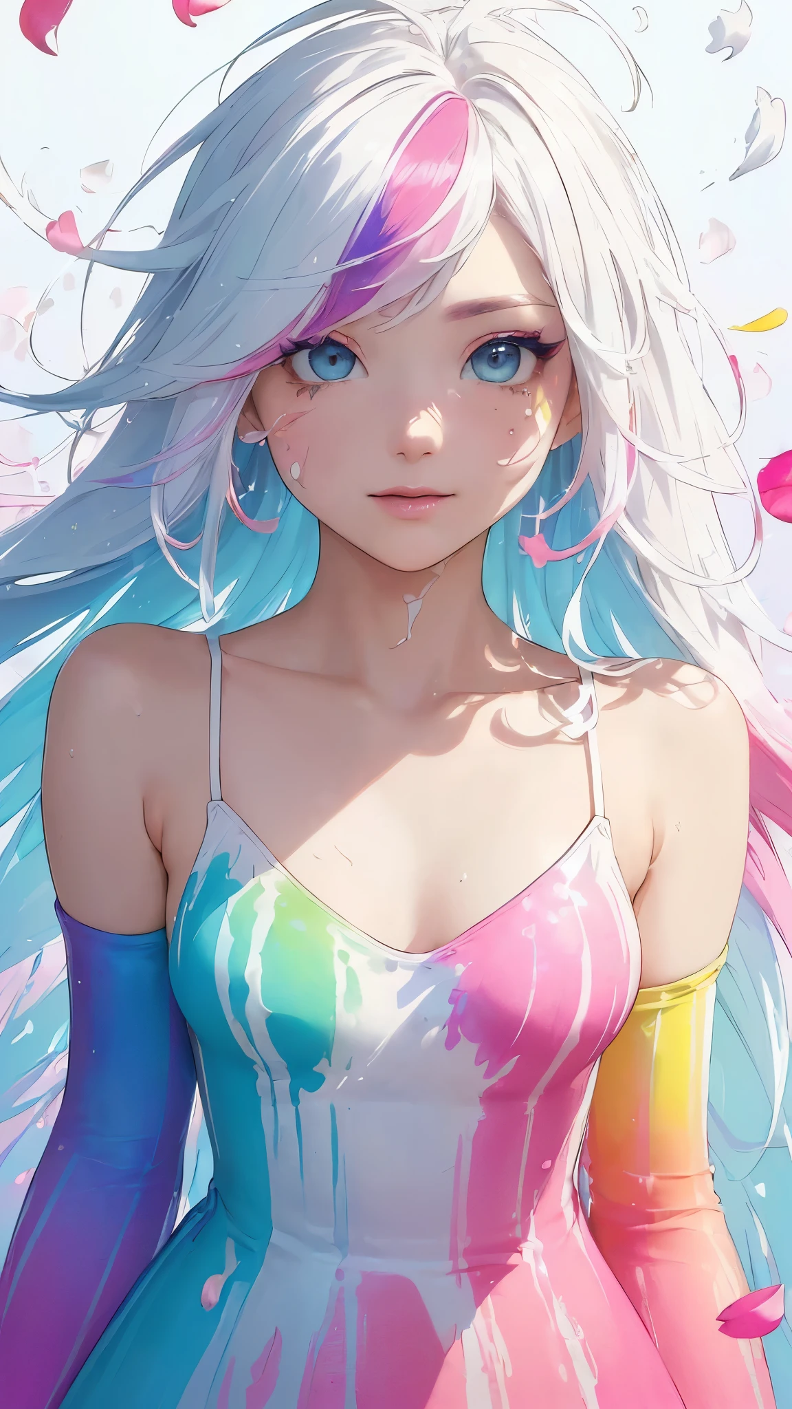 (Pink Fashion T-shirt:1.9),(Colorful hair: 1.8), (all the colours of the rainbow: 1.8),(((((vertical painting:1.6))), (painting:1.6),front, comics, illustrations, paintings, large eyes, crystal clear eyes,( rainbow color gradient high ponytail:1.7), exquisite makeup, closed mouth,(Small Fresh: 1.5),(Wipe Chest: 1.6) ,long eyelashes, white off shoulder T-shirt, White Shoulder Shirt,looking at the audience, large watery eyes, (rainbow colored hair:1.6), color splash, (solo:1.8), color splash, color explosion, thick paint style, messy lines, ((shining)),(colorful), (colorful), (colorful), colorful, Thick Paint Style, (Splash) (Color Splash), Vertical Painting, Upper Body, Paint Splash, Acrylic Pigment, Gradient, Paint, Highest Image Quality, Highest Quality, Masterpiece, Solo, Depth of Field, Face Paint, colorful clothes, (Elegant: 1.2), gorgeous,long hair, wind, (Elegant: 1.3), (Petals: 1.4),(((masterpiece))),(((best quality))),((ultra-detailed)),(illustration),(dynamic angle),((floating)),(paint),((disheveled hair)),(solo),(1girl) , (((detailed anima face))),((beautiful detailed face)),collar,bare shoulders,white hair, ((colorful hair)),((streaked hair)),beautiful detailed eyes,(Gradient color eyes),(((colorful eyes))),Big breast,(((colorful background))),(((high saturation))),(((surrounded by colorful splashes))),