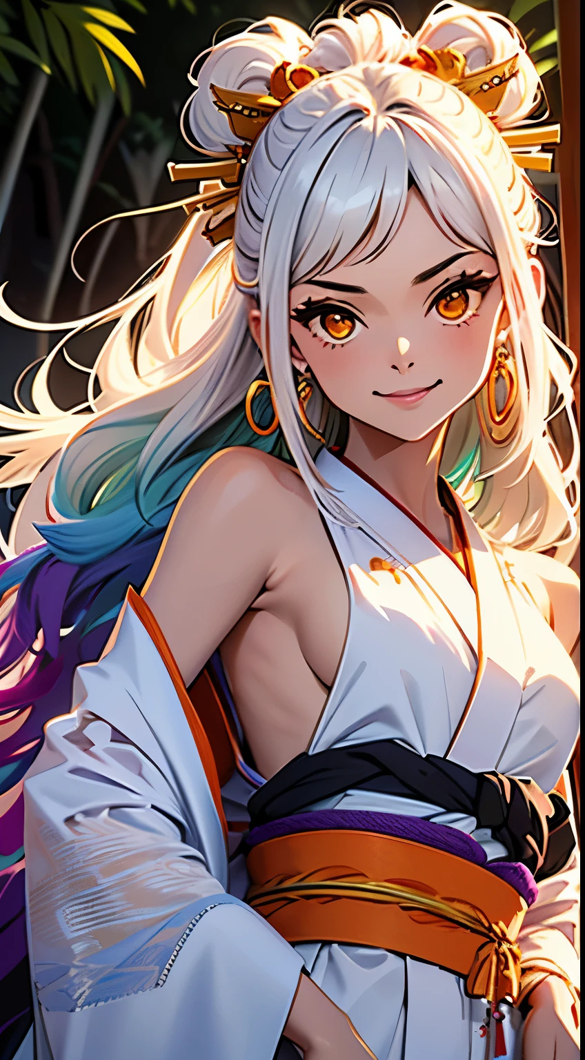 masterpiece, ((Very detailed背景, Delicate pattern, Intricate high detail)), (Very detailed, Fine details), highest quality,Beautiful lighting, (((Medium chest, Skinny girl, とてもSkinny girl))), (Cowboy gets shot), Yamato V2, Long Hair, One girl, Banya, White Hair, only, their, Red Corner, Coil horn, hair ornaments, (multicoloRed Corner), gem, Earrings, kimono, Komono, Hairpin, No sleeve, Exposing shoulders, Aqua Hair, Side Lock, フープEarrings, In the same way, smile, Big smile, ((Orange eyes)), Complex and detailed background, outside, Set in nature, rock, sunny, 青null, null,