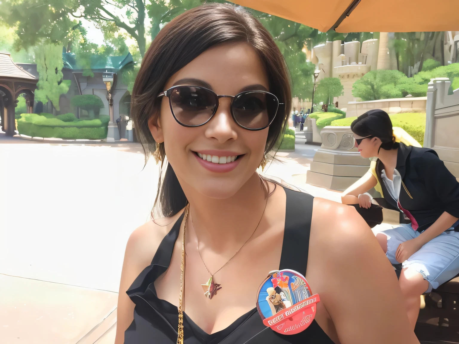 smiling woman in sunglasses with a pin on her chest, Disney artist, having fun, smiling slightly, smiling very slightly, profile picture, magic of the wizarding world, magic kingdom inside a castle at Disney World's Magic Kingdom at Walt Disney World .

A beautiful woman, with white skin and dark brown hair. She is about 45 years old, 165 cm tall and weighs 56 kg. She had modeled legs, perfect legs, toned legs, perfect mouth, medium breasts, perfect face. Her body exudes glamor and her face is a definition of beauty. Slender body, thin waist. Highly realistic, hyperrealism, very elaborate skin. Clear photo, high resolution, high quality, masterpiece, 16K photo, high contrast, masterpiece