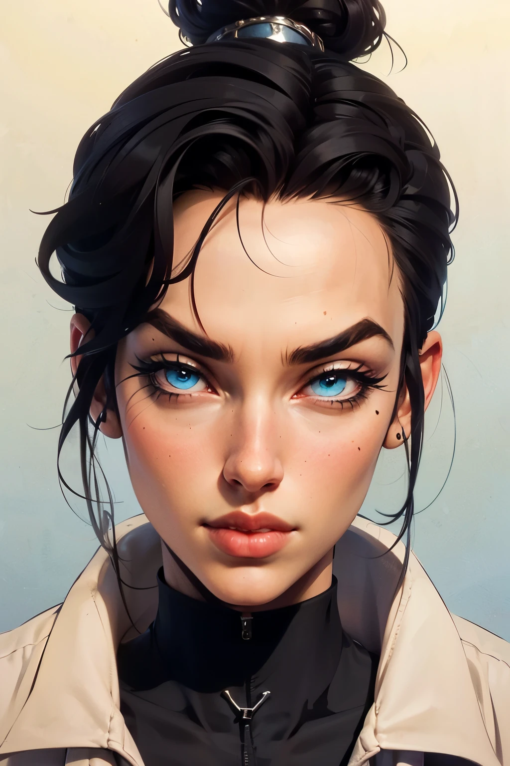 ((( portrait))) of beautiful brunette (female) in her 30s ,mature look, (small mouth) but (thick kissable lips), shy gaze, ((((tiny snob nose)))) ,( prefect shaped eyes),((blue eyes)) ,long eyelashes, eyeliner ,((( thick eyebrows))) , charming, cute , ((( sleek slicked back hair bun ))), ( black hair), fair skin, modern look, stylish , classy, wearing Unbuttoned classic shirt, clivage , ((Castlevania style)), (90s retro style), 3d style