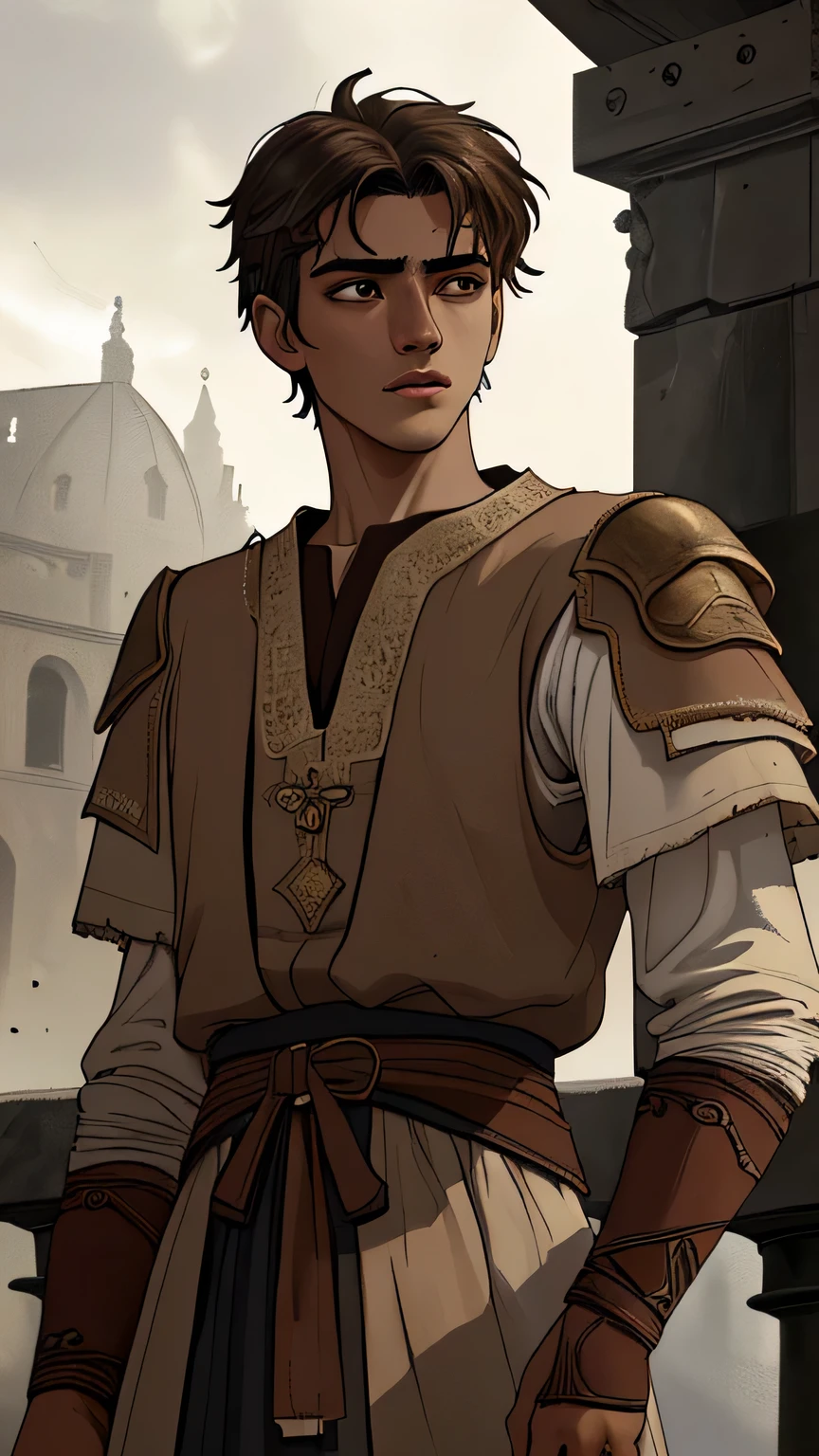 A young man, iGNACIO of Antioch, wearing ancient brown Greek poor peasant clothing, detailed face, beautiful eyes, detailed facial features, tattered clothes, weathered skin, portrait, realistic, photorealistic, cinematic lighting, dramatic shadows, muted colors, moody atmosphere, intricate details, classical art style, masterpiece
