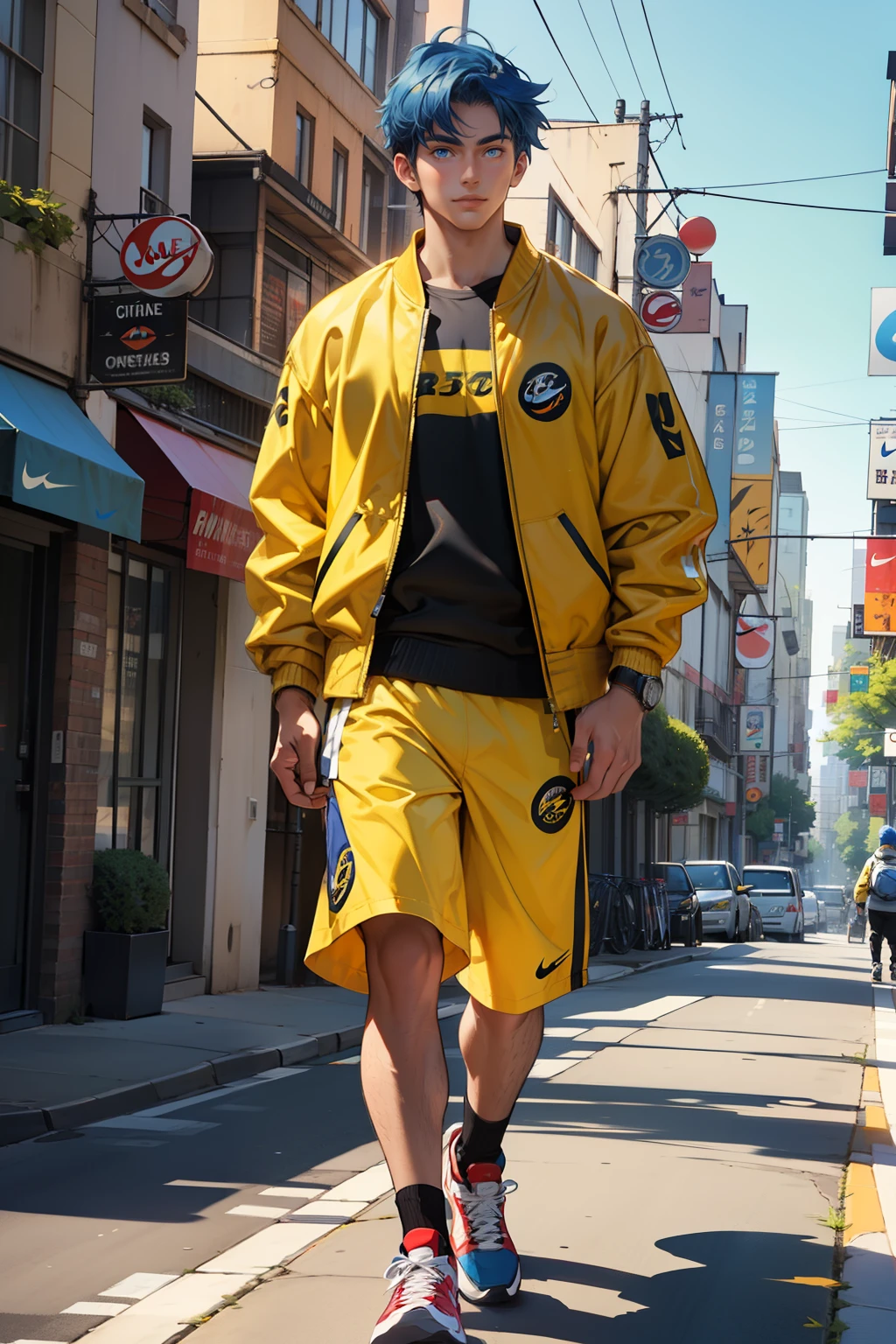 18-year-old boy, full body shot, defined face, short, blue hair, blue eyes, ((yellow jacket)), Pac-Man outfit, nike sneakers, walking in the city, afternoon, beautiful sky, summer, 8k, tmasterpiece