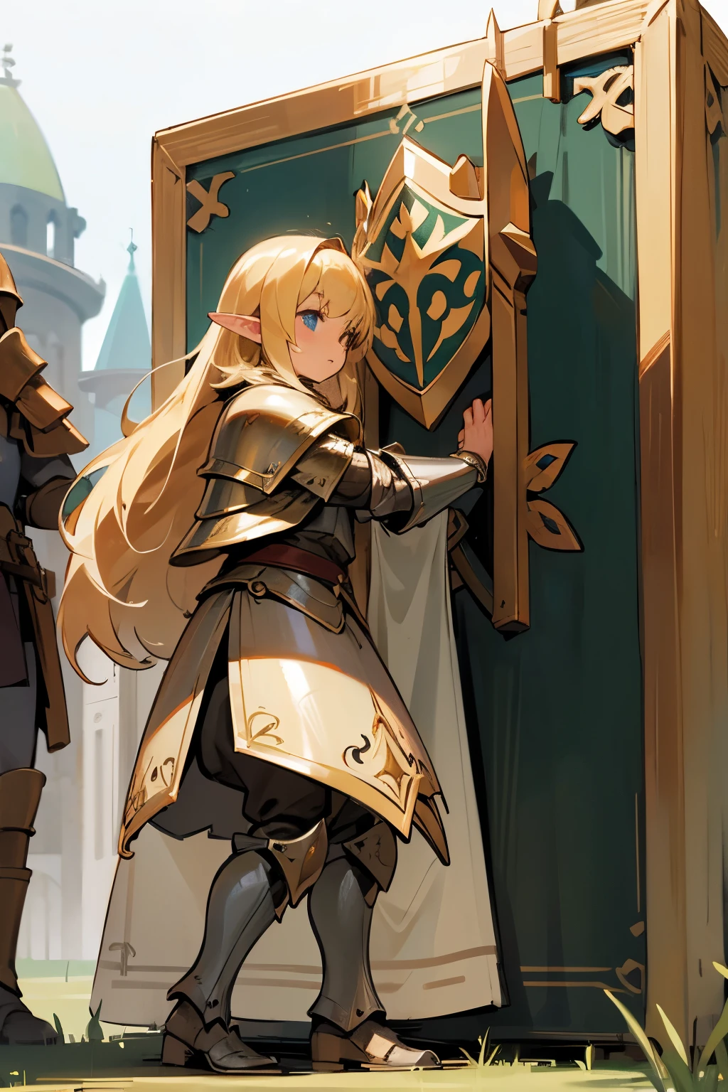 Elf, short stature, blond long hair, paladin, armor, huge rectangular tower shield