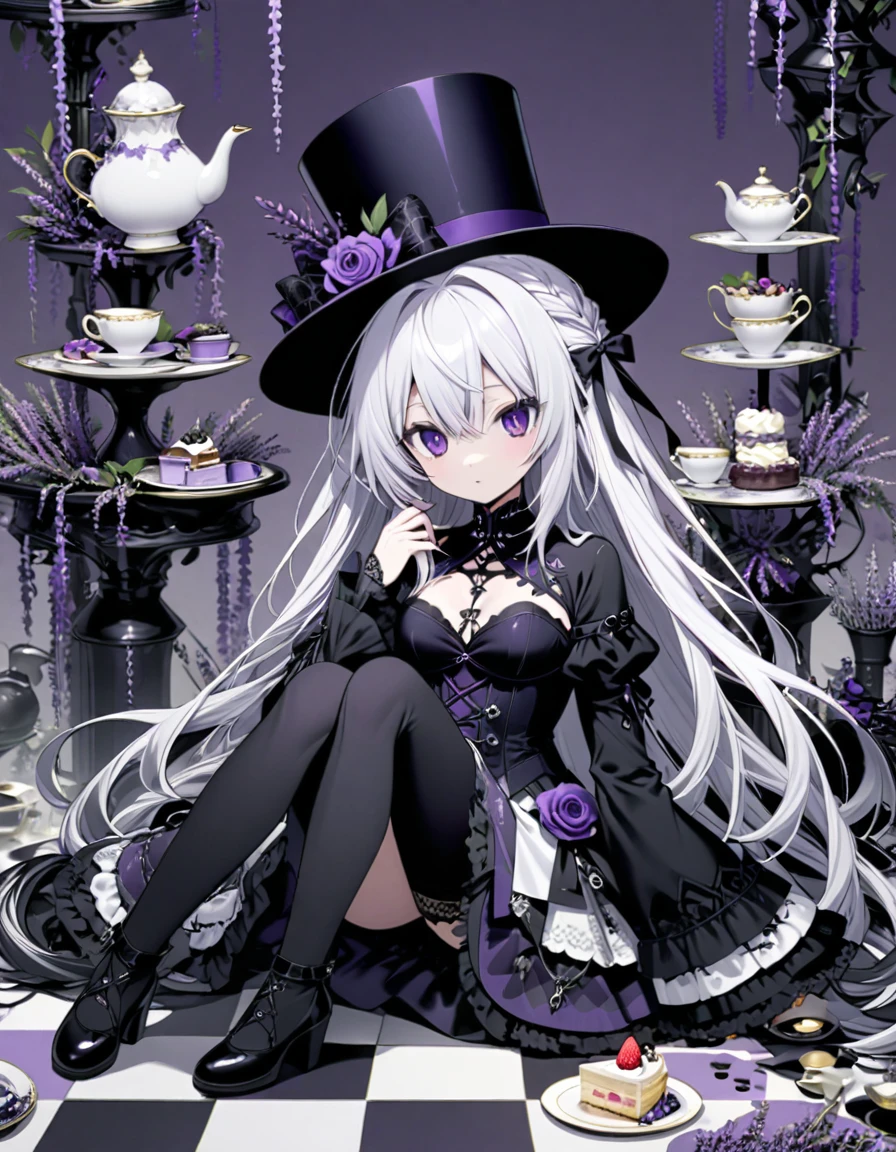 A gothic anime girl with long white hair and purple eyes, wearing an elaborate top hat adorned with black lace, sits on the floor surrounded by towering teapots, saucers, cakes, and a high tea setup in shades of lavender, gray, and deep indigo. The background is scattered with black and white checkered patterns reminiscent of chessboard-like tables. Surrounded by wisteria flowers, with whimsical manga illustrations in dark violet and light emerald featuring highly detailed figures against minimalist backgrounds. --ar 3:4 --niji 6