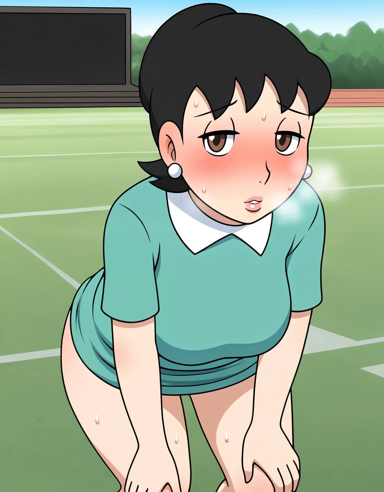  BREAK,
IkumiSunohara is standing, tired, legs apart, bent over, hands on knees, heavy breathing, tired, sweat, full-face blush, cowboy shot,
1girl, mature female, solo, 
looking at viewer, blush, parted lips, thick lips,
Black hair,short hair, brown eyes, earrings, shiny, lips,
 multicolored clothes,  Naked, fully nude,
large breasts, thighs, big ass, thigh clothes, 
outdoors, outdoors, field, school, soccer field,
