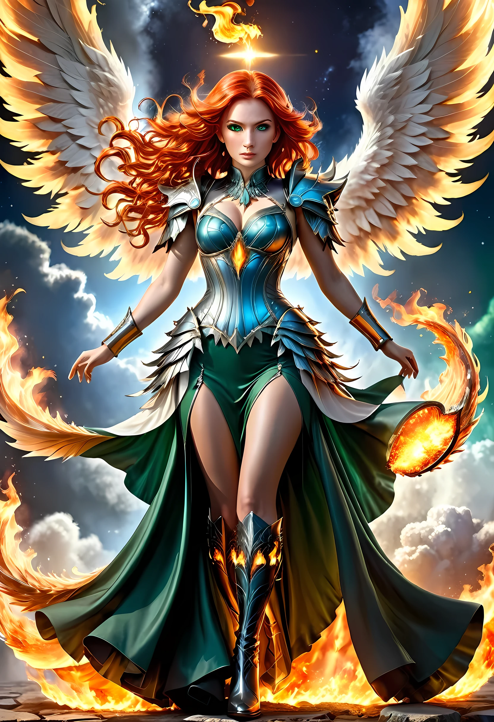 16k, ultra detailed, masterpiece, best quality, (extremely detailed), arafed, dnd art, panoramic view, full body, aasimar, female, (Masterpieceת intense details:1.3), female, sorceress, casting flaming spell(Masterpieceת intense details:1.3) large feathered wings,(white: 1.3) angelic wings spread (Masterpieceת intense details:1.3), fantasy magical heaven background (Masterpieceת intense details:1.3), moon, stars, clouds, wearing (azure: 1.3) armor (Masterpieceת intense details:1.3), high heeled boots (Masterpieceת intense details:1.3), armed with staff, (red hair: 1.4), (green eyes: 1.4), intense eyes, ultra feminine, ultra detailed face, (Masterpieceת intense details:1.5), (anatomically correct: 1.5), determined face, divine light, cinematic lighting, soft light, silhouette, photorealism, panoramic view ((Masterpieceת intense details:1.3) , Wide-Angle, Ultra-Wide Angle, 16k, highres, best quality, faize, 2.5D rendering, phoenix dress