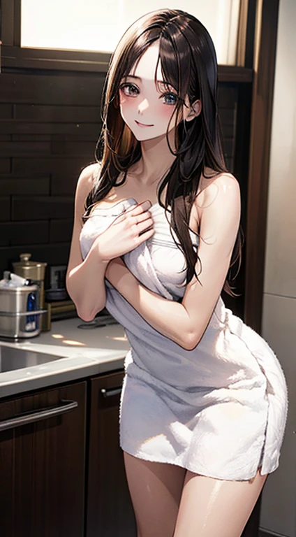 ((((, , perfect anatomy, anatomically correct, super detailed skin)))), 1 girl, japanese, , (detailed ultra-oily shiny skin:1.1), watching the view, (smile:1.2),
beautiful hair, beautiful face, beautiful detailed eyes, (long hair:1.4, straight hair:1.7), parted bangs:1.5, light brown hair, (large breasts:0.8),
beautiful clavicle, beautiful body, beautiful chest, beautiful thigh, beautiful legs, beautiful detailed fingers, five fingers, babyface, , topless, bottomless,
(((naked towel))),
(beautiful scenery), inside kitchen, walking, standing,
(8k, top-quality, masterpiece:1.2, extremely detailed), (photorealistic), beautiful art, visual art, depth of fields, cinematic lighting, ,