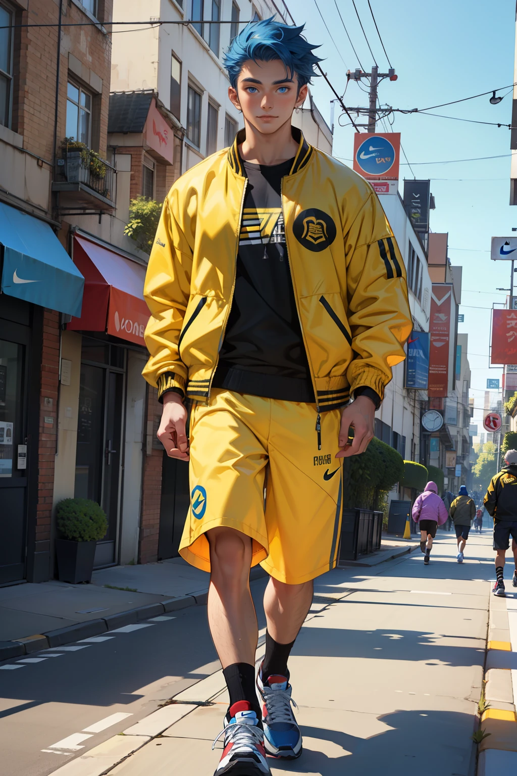18-year-old boy, full body shot, defined face, short, blue hair, blue eyes, ((yellow jacket)), Pac-Man outfit, nike sneakers, walking in the city, afternoon, beautiful sky, summer, 8k, tmasterpiece