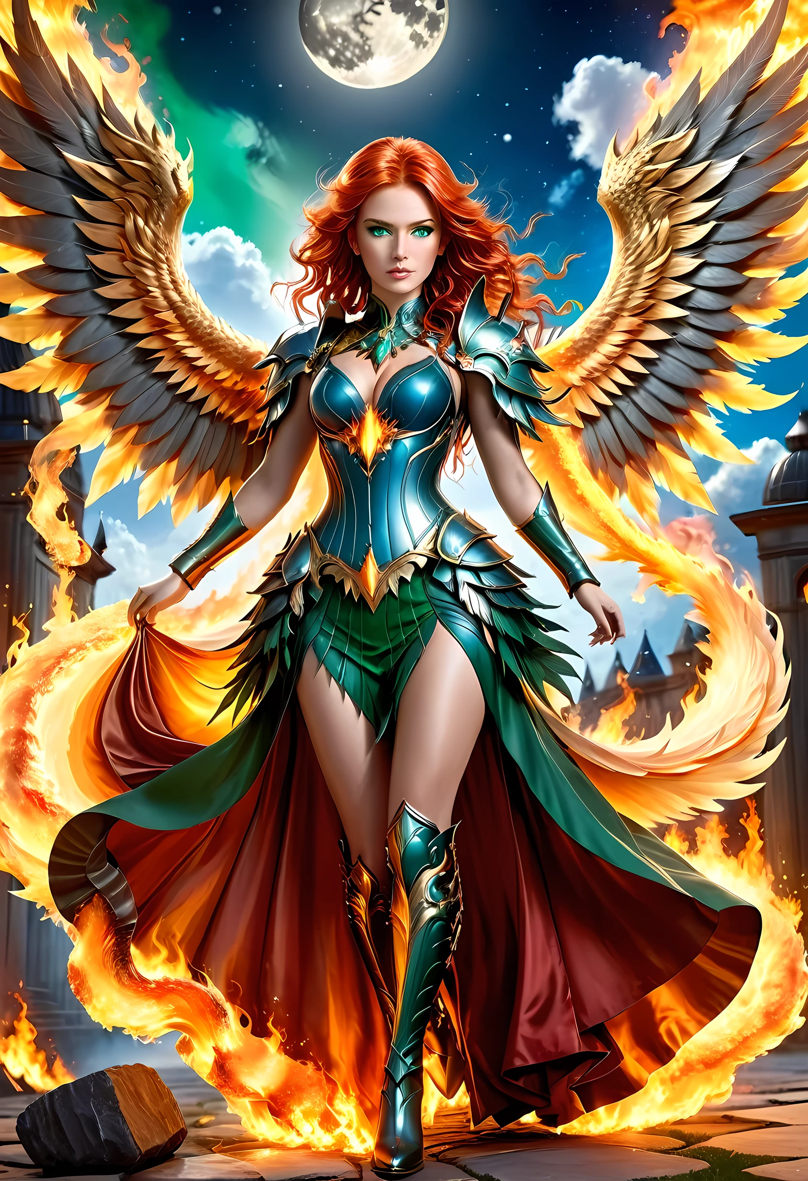 16k, ultra detailed, masterpiece, best quality, (extremely detailed), arafed, dnd art, panoramic view, full body, aasimar, female, (Masterpieceת intense details:1.3), female, sorceress, casting flaming spell(Masterpieceת intense details:1.3) large feathered wings,(white: 1.3) angelic wings spread (Masterpieceת intense details:1.3), fantasy magical heaven background (Masterpieceת intense details:1.3), moon, stars, clouds, wearing (azure: 1.3) armor (Masterpieceת intense details:1.3), high heeled boots (Masterpieceת intense details:1.3), armed with staff, (red hair: 1.4), (green eyes: 1.4), intense eyes, ultra feminine, ultra detailed face, (Masterpieceת intense details:1.5), (anatomically correct: 1.5), determined face, divine light, cinematic lighting, soft light, silhouette, photorealism, panoramic view ((Masterpieceת intense details:1.3) , Wide-Angle, Ultra-Wide Angle, 16k, highres, best quality, faize, 2.5D rendering, phoenix dress