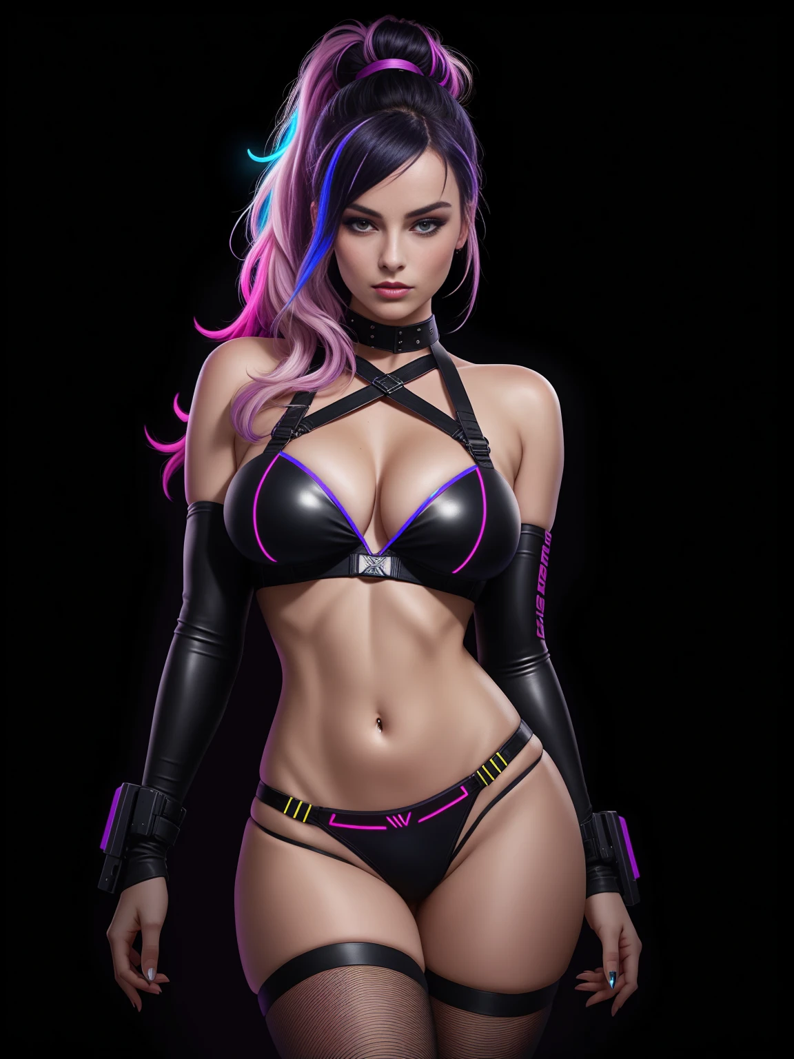 there is Margot Robbie, navy blue and bright purple neon streaked hair, hair in pony tail, 3 d neon art of a womans body, neon-noir background, cyberpunk femme fatale, seductive cyberpunk dark fantasy, cyberpunk strip clubs, cyberpunk 20 y. o model girl, oppai cyberpunk, banner, high definition cgsociety, cgsociety masterpiece, trending on cgstation, kda, random hair, looking at camera, gigantic breasts, cleavage, (high detailed skin:1.2), 8k uhd, dslr, super lighting, high quality, film grain, high res, highly detailed, hyper realistic, beautiful face, beautiful body, beautiful eyes nose lips, alluring expression, very bold, upper visible, full body photo, standing legs apart, pale translucent glowing skin, most beautiful face, cute, (well defined pubic hair:1.2)), (dark plain black background:1.4))