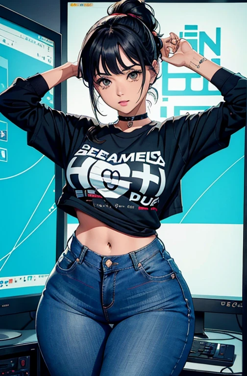 (Hinata Hyuga, muito sensual, com roupas apertadas, bunda grande, pernas grossas, Wearing extremely tight jeans, usando uma mini blusa, umbigo com pirsing, cabelo grande, Speaker behind, muito realista, extremamente sexy, 8k, 8k extremamente detalhado), (um extremamente delicado e bonito), (obra-prima), (melhor qualidade: 1.0), (ultra highres:1.0)