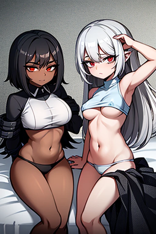 2 Girls y 1 Man on the bed:

{{Girl 1}} (Small Boobs) (Extra short Hair) (Black Hair) (Dark skin) (Red Eyes)

{{Girl 2}} (Big boobs) (Piel clara) (Curly Silver Hair) (Blue eyes)

{{Man 1}} (Piel clara) (Black Hair) (Black Eyes) (Alto)