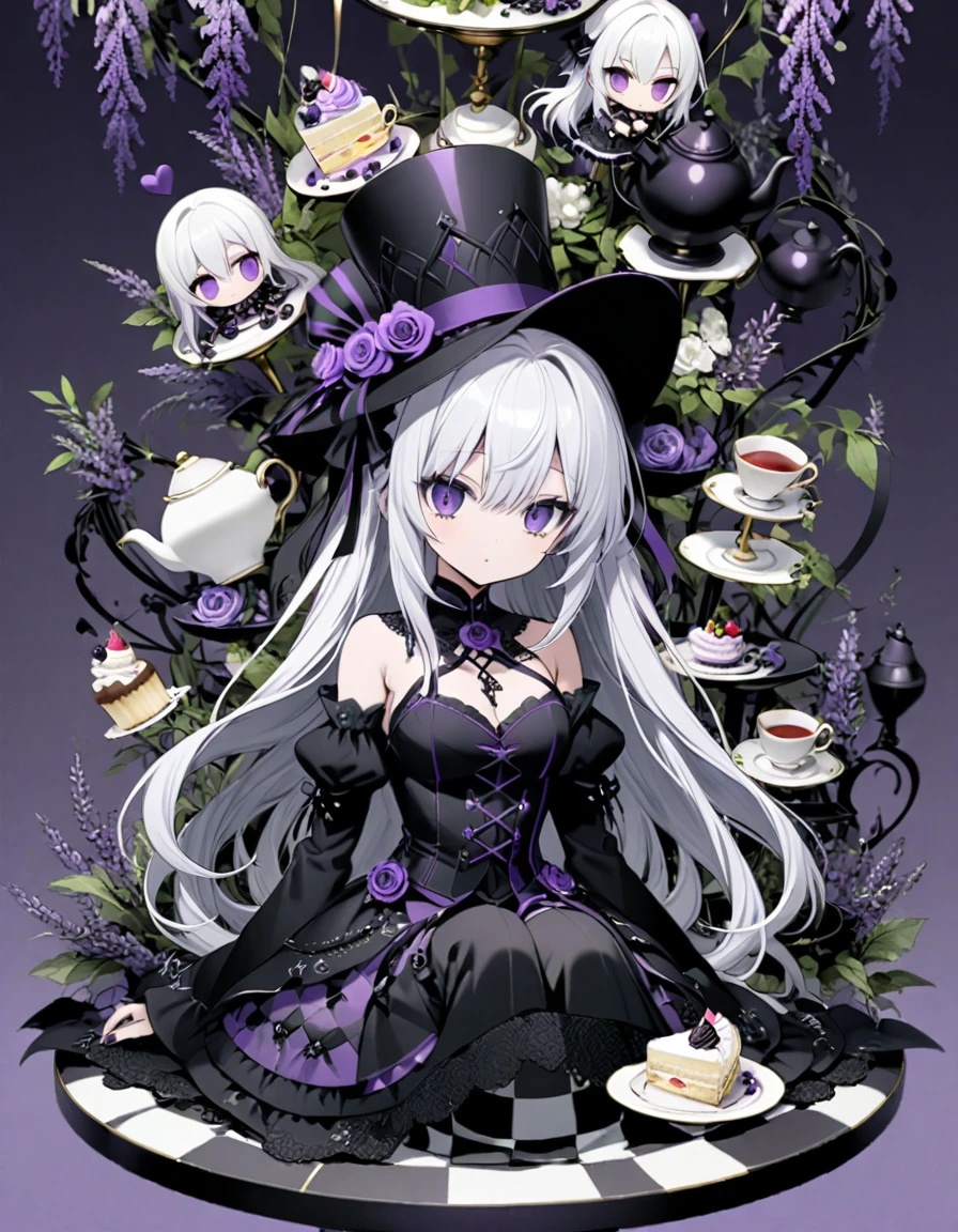 A gothic anime girl with long white hair and purple eyes, wearing an elaborate top hat adorned with black lace, sits on the floor surrounded by towering teapots, saucers, cakes, and a high tea setup in shades of lavender, gray, and deep indigo. The background is scattered with black and white checkered patterns reminiscent of chessboard-like tables. Surrounded by wisteria flowers, with whimsical manga illustrations in dark violet and light emerald featuring highly detailed figures against minimalist backgrounds. --ar 3:4 --niji 6