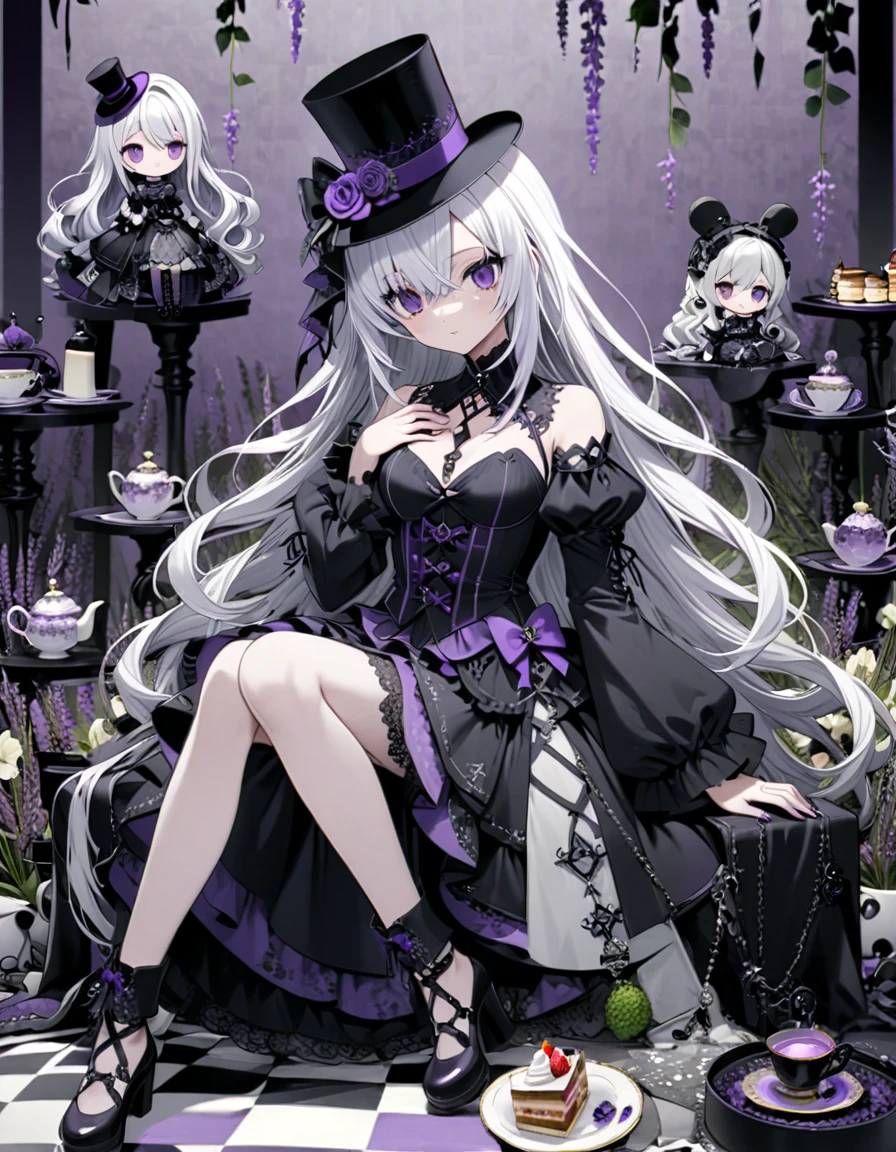 A gothic anime girl with long white hair and purple eyes, wearing an elaborate top hat adorned with black lace, sits on the floor surrounded by towering teapots, saucers, cakes, and a high tea setup in shades of lavender, gray, and deep indigo. The background is scattered with black and white checkered patterns reminiscent of chessboard-like tables. Surrounded by wisteria flowers, with whimsical manga illustrations in dark violet and light emerald featuring highly detailed figures against minimalist backgrounds. --ar 3:4 --niji 6