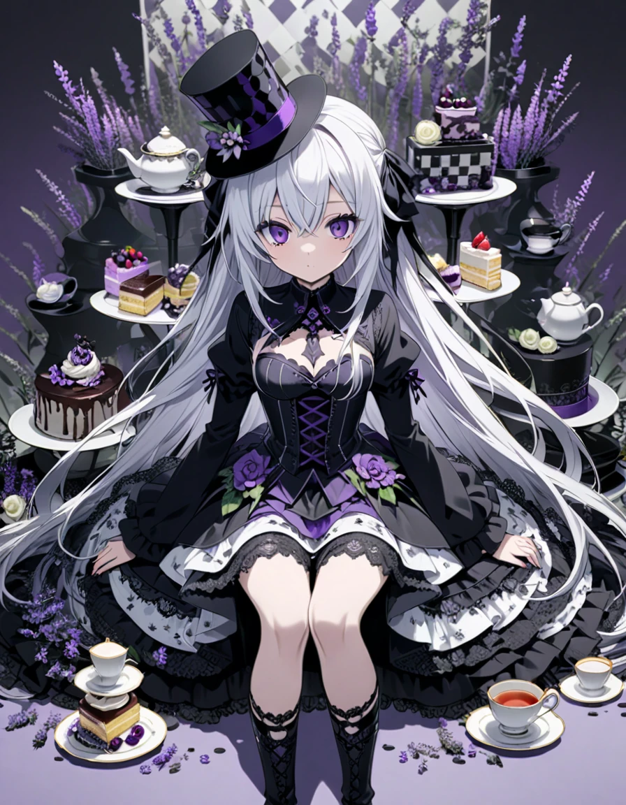 A gothic anime girl with long white hair and purple eyes, wearing an elaborate top hat adorned with black lace, sits on the floor surrounded by towering teapots, saucers, cakes, and a high tea setup in shades of lavender, gray, and deep indigo. The background is scattered with black and white checkered patterns reminiscent of chessboard-like tables. Surrounded by wisteria flowers, with whimsical manga illustrations in dark violet and light emerald featuring highly detailed figures against minimalist backgrounds. --ar 3:4 --niji 6
