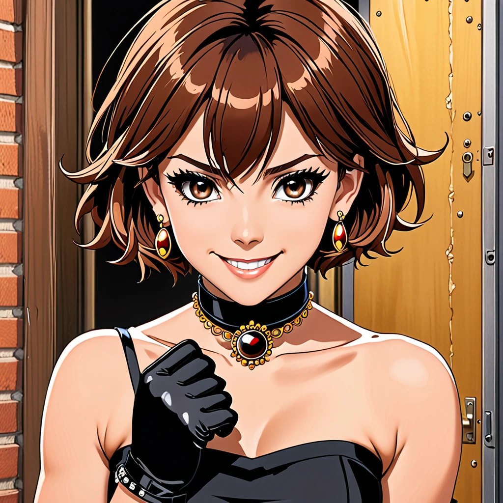 1girl, anime_coloring, black_eyes, black_gloves, brown_hair, choker, earrings, gloves, jewelry, letterboxed, parody, short_hair, smile, solo, style_parody,
