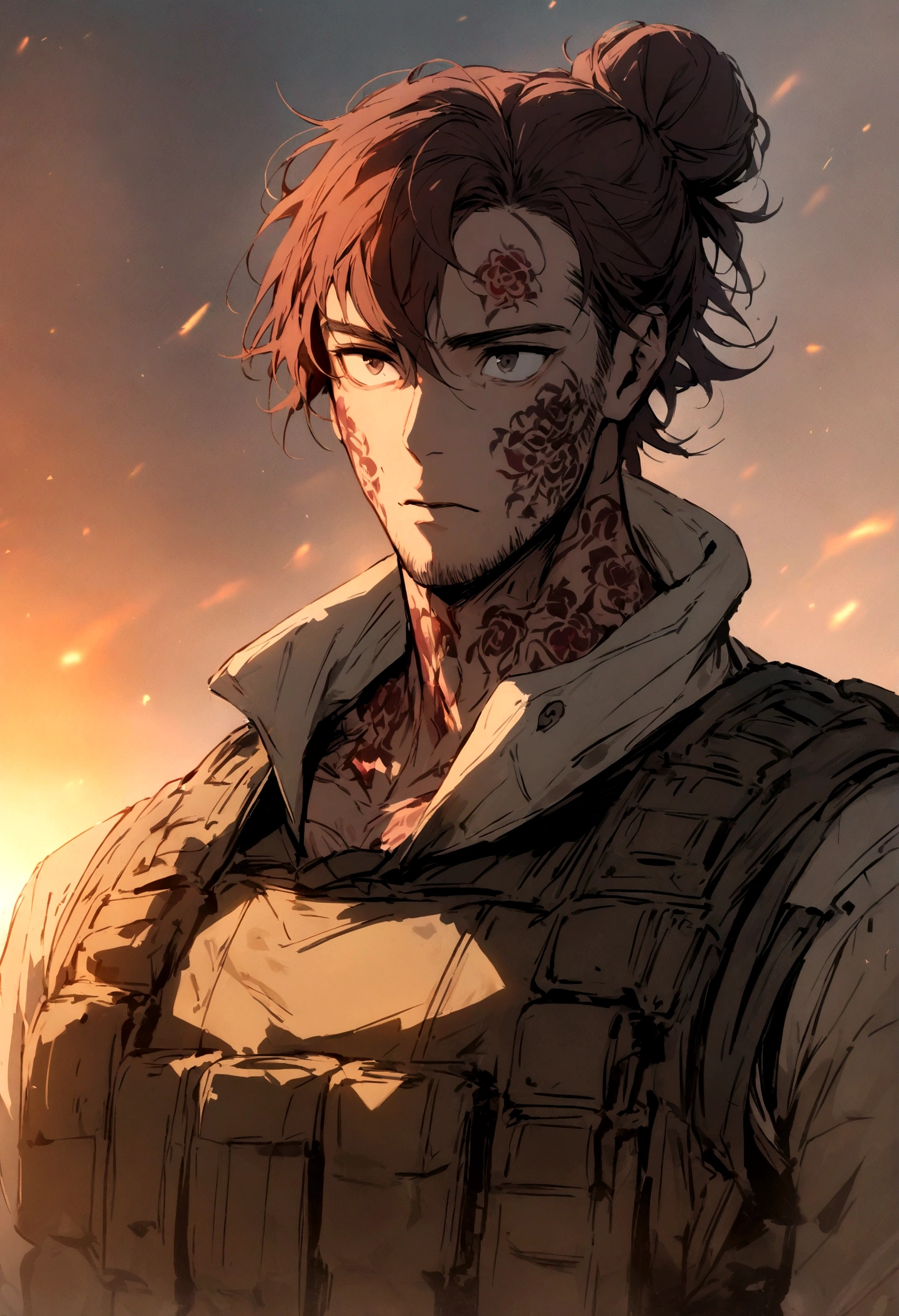 (masterpiece), best quality, expressive eyes, perfect face, Male, maroon messy hair-bun, black eyes, neck roses tattoo. brown fur lined overcoat, tactical vest, handsome, waist up view, upper body view, post apocalyptic soldier