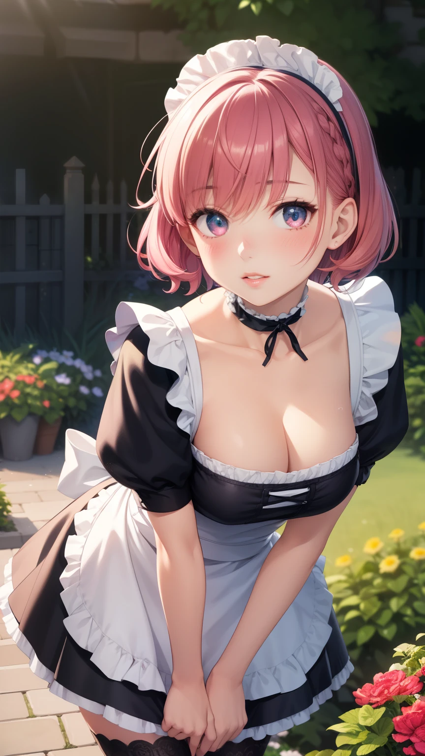 1girl, natural lighting, masterpiece, highly detailed, illustration, game CG, absurdres, high quality, aichan, large breasts, beautiful detailed eyes, medium bright pink hair, bangs, glossy lips, lips parted, blush, garden, maid, short puffy sleeves, small maid apron, thigh highs, collarbone, cleavage, leaning forward, choker