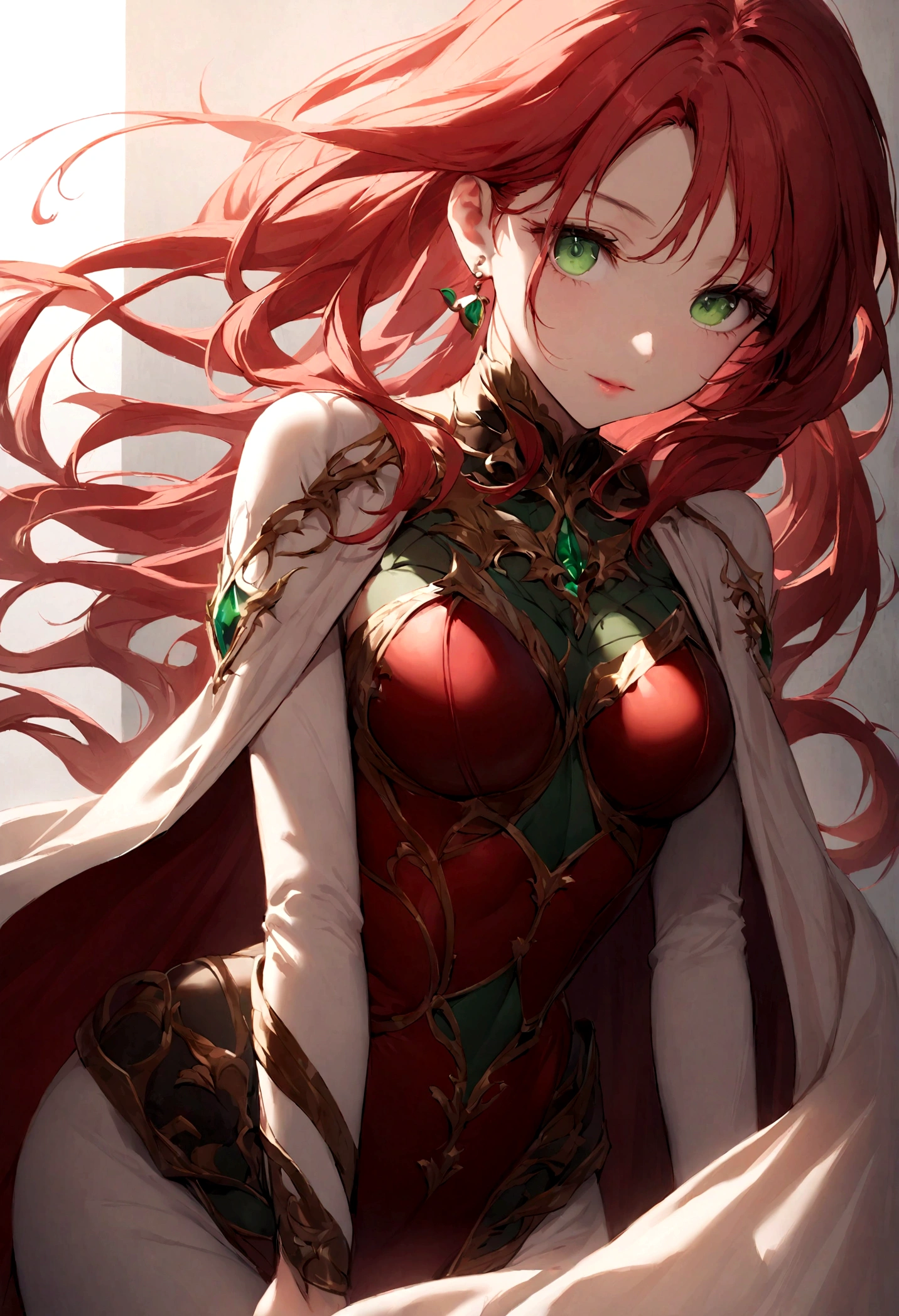 The woman stands before you, her fiery red hair cascading down her shoulders in vibrant waves, framing her delicate features. She possesses an alluring charm, with piercing green eyes that seem to hold a hint of mischief. Her figure is lithe and graceful, accentuated by the form-fitting leather armor she wears. Every movement she makes exudes confidence and grace, and there's an undeniable aura of danger about her. Despite her beauty, there's something unsettling in the way she carries herself, as if she's hiding a dark secret beneath her captivating exterior.