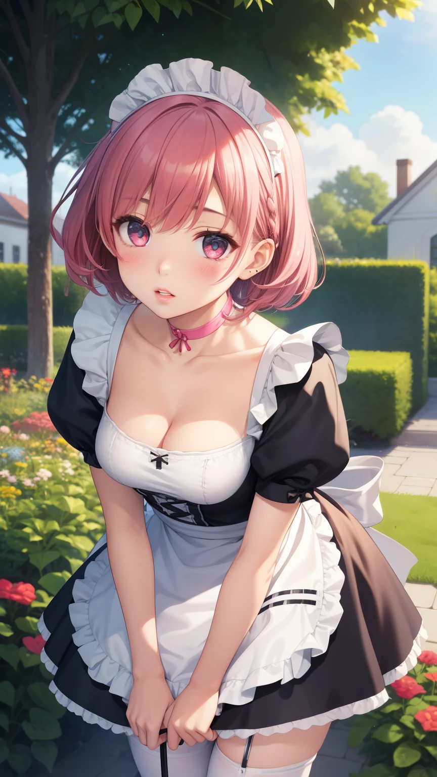 1girl, natural lighting, masterpiece, highly detailed, illustration, game CG, absurdres, high quality, aichan, large breasts, beautiful detailed eyes, medium bright pink hair, bangs, glossy lips, lips parted, blush, garden, maid, short puffy sleeves, small maid apron, thigh highs, collarbone, cleavage, leaning forward, choker