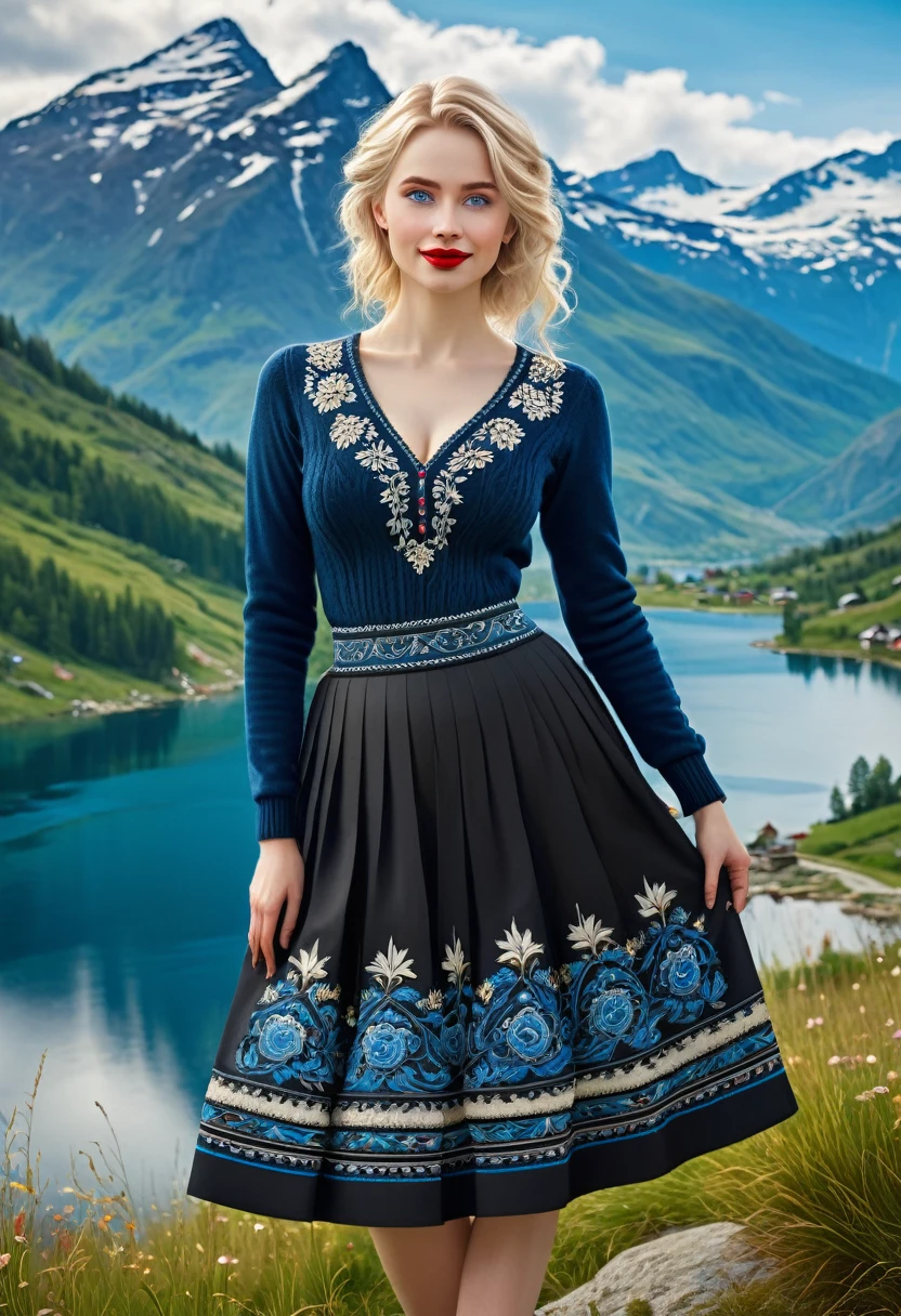 Blonde Woman, Messy Hair, Pale Skin, Red Lips, Overlooking Mountain Valley, Alpine Lake. Dress Wth Woodcut Patterns, Black Knee-Length Pleated Skirt Wth Blue Embroidery, Norwegian V Neck Sweater With Rosemaled Designs. Midriff Wide Smile, Eyes Detailed & Wide,Dynamic Pose. Digital Painting, 4K Ultra HD, Rococo-Inspired Fantasy Art With Intricate Details. Cute, Charming Expression, Alluring-Gaze, Beautiful Blue Eyes, An-Ideal-Hourglass-Figure. Nina Debrov. Large Youthful Well-Shaped Bosom, Large-Hiney. Large-Round-Bosom. turning. Full Length Side Profile. Meghan Fox